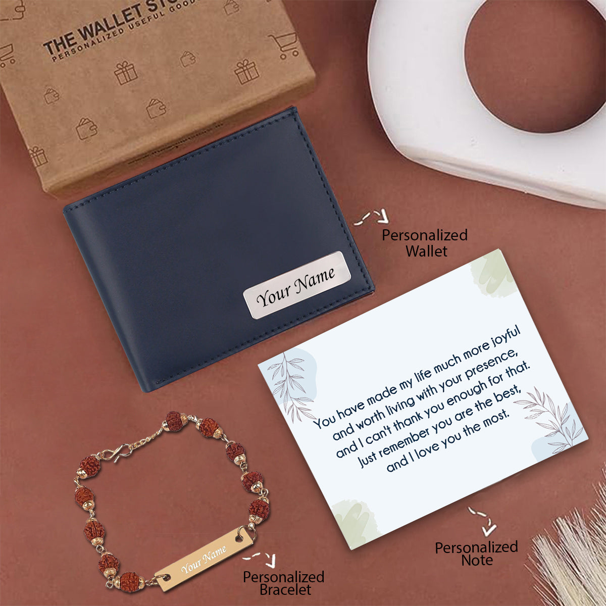 Personalized Leather Wallet & Rudraksh Bracelet Gift Set