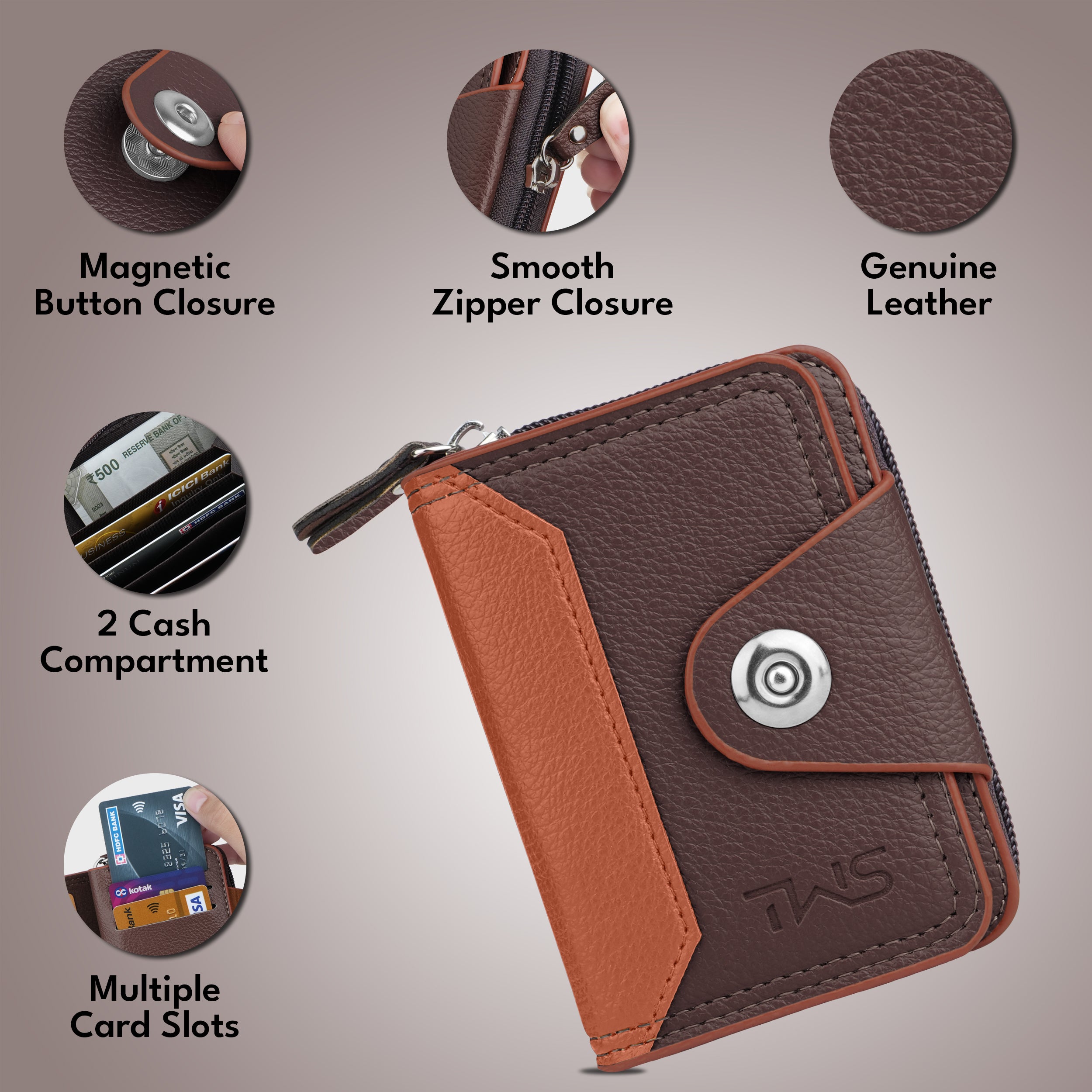 Secure Mate Vegan Leather Zipper Wallet - Brown Tan