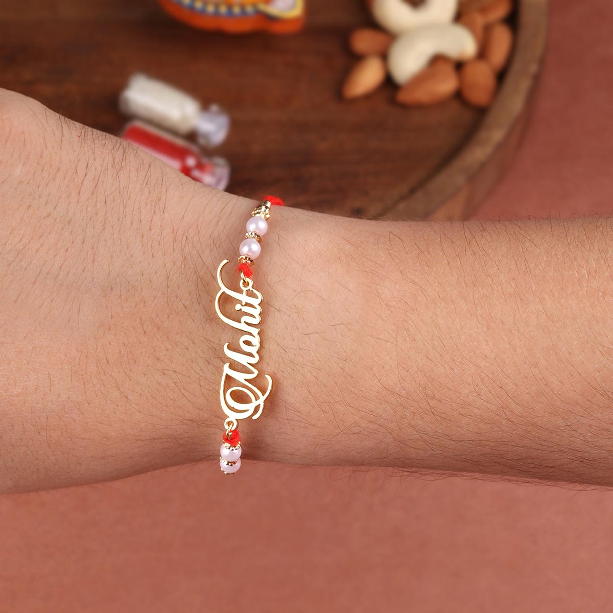 Personalized Cursive Style Name Rakhi With Pearl Beads
