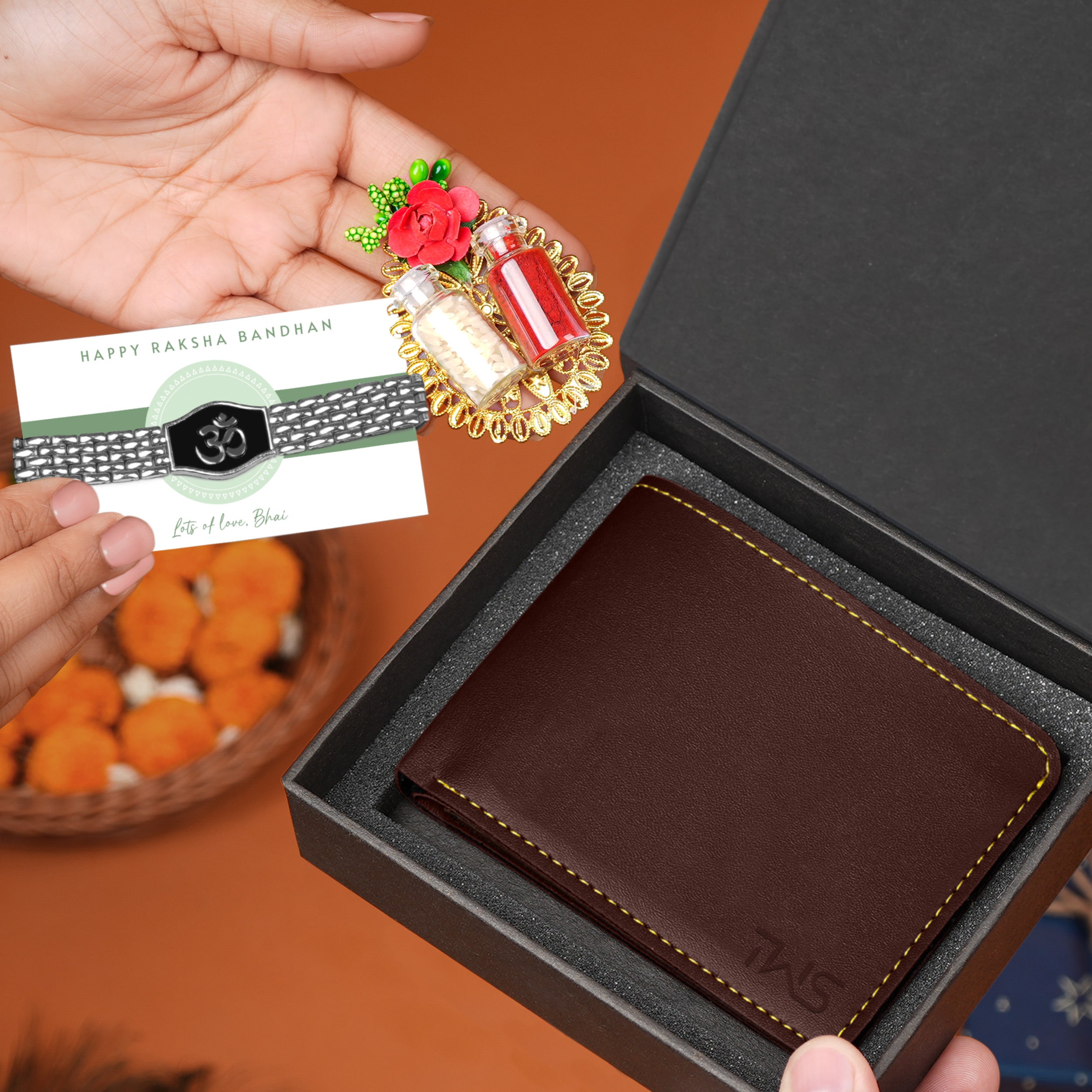 Brown Wallet With Silver Divya Om Bracelet Rakhi Roli Chawal Gift Set