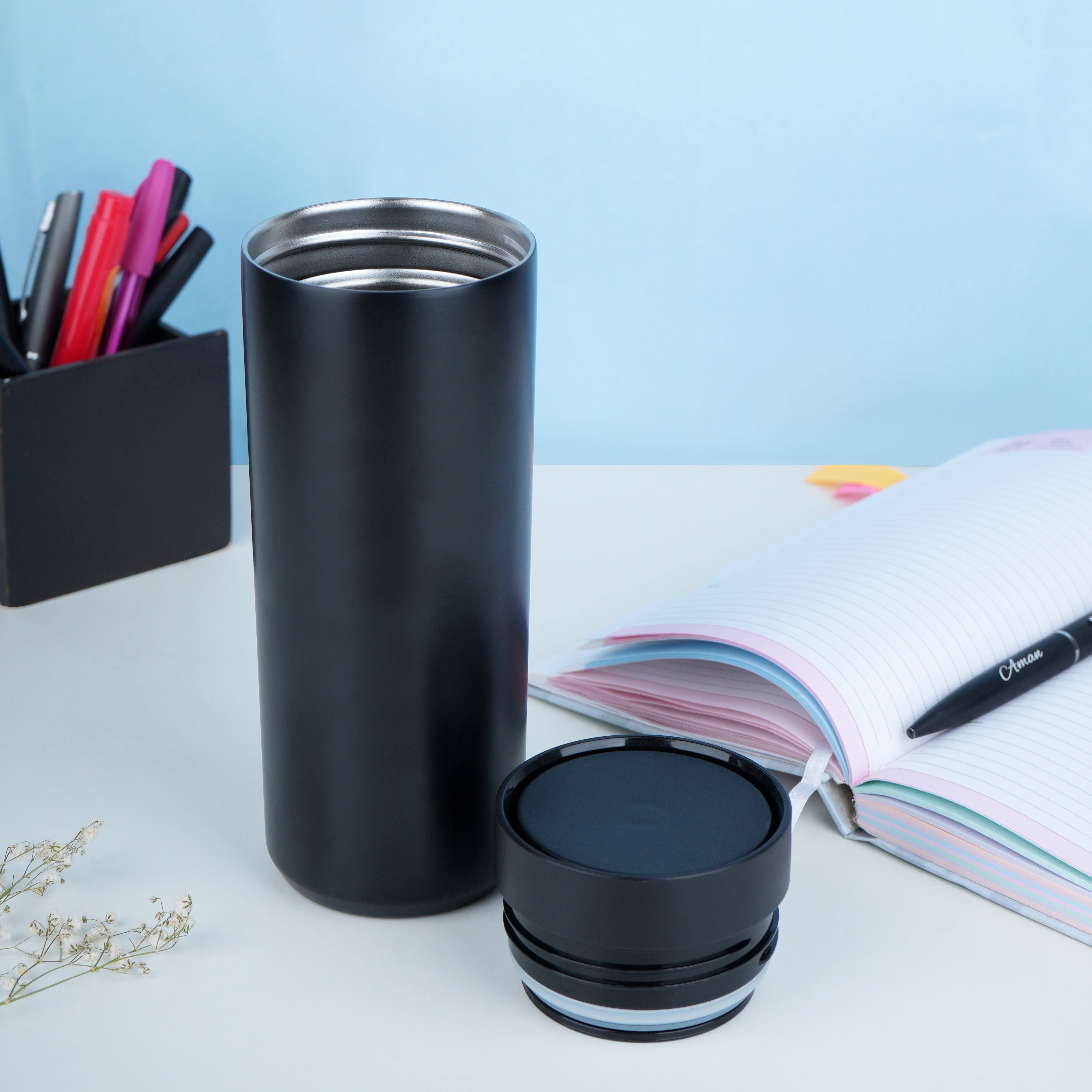 Stainless Steel Vacuum Insulated Thermos Travel Mug With Push Button Open Lid
