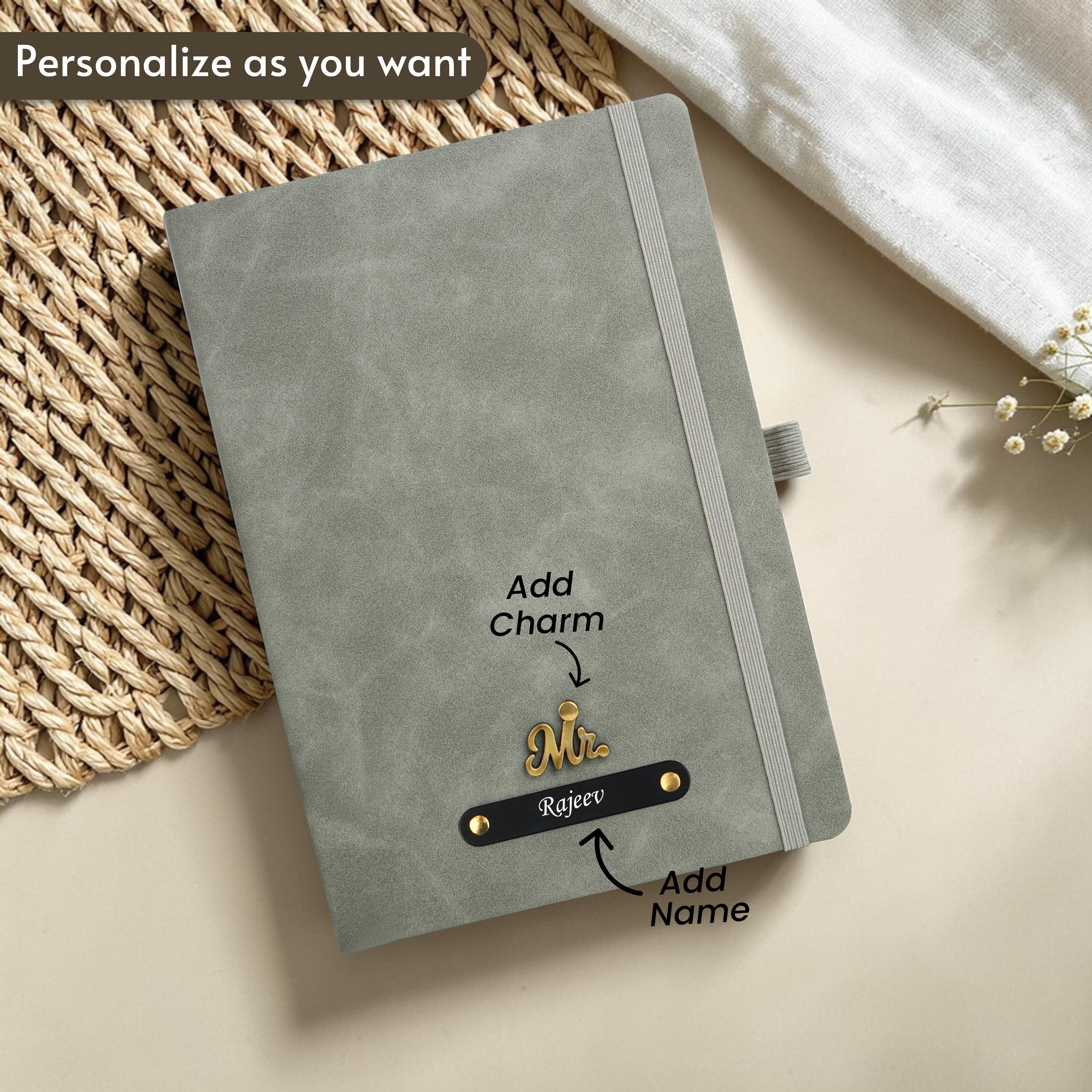 Personalized Inkspire Diary With Name & Charm - Grey