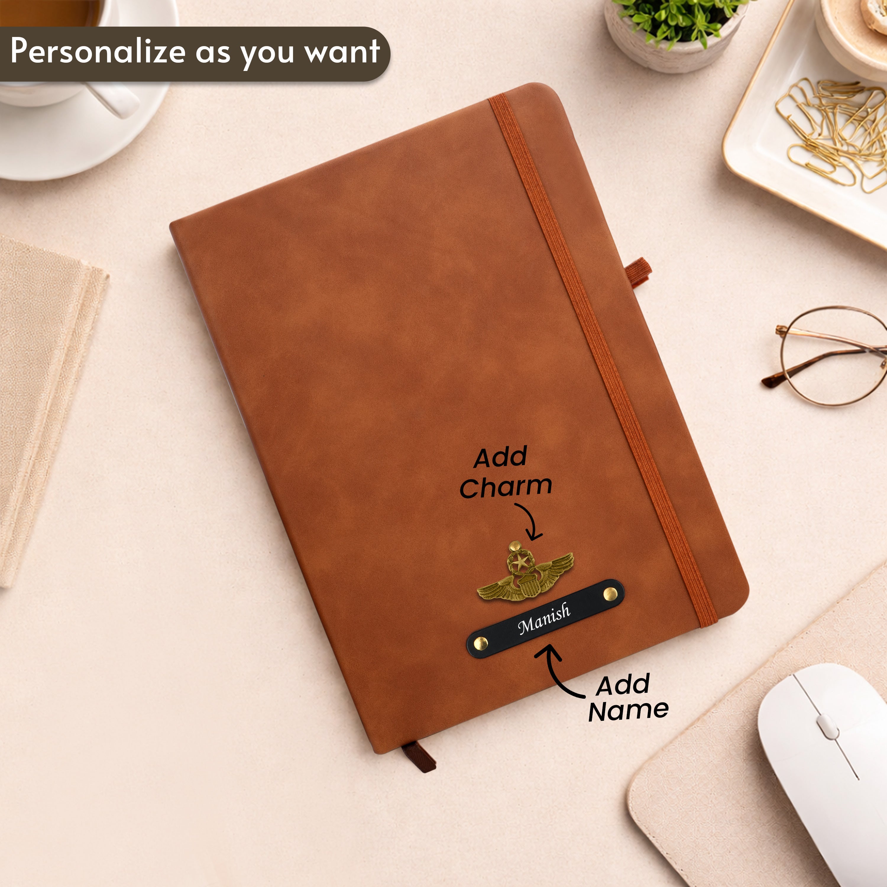 Personalized Inkspire Diary With Name & Charm - Tan