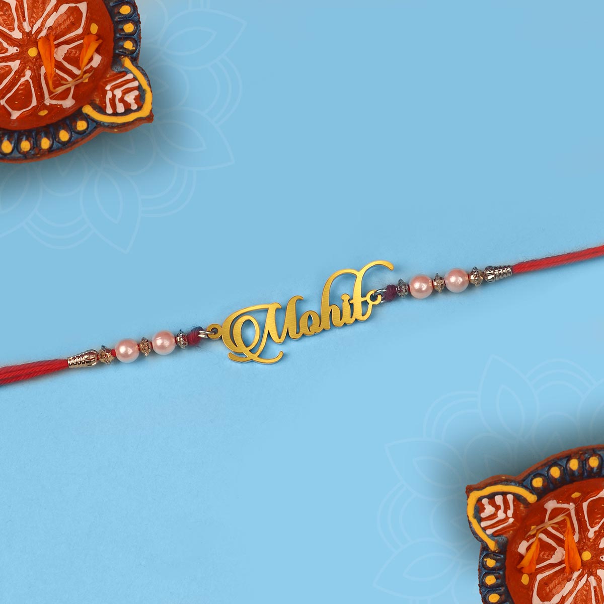 Personalized Cursive Style Name Rakhi With Pearl Beads