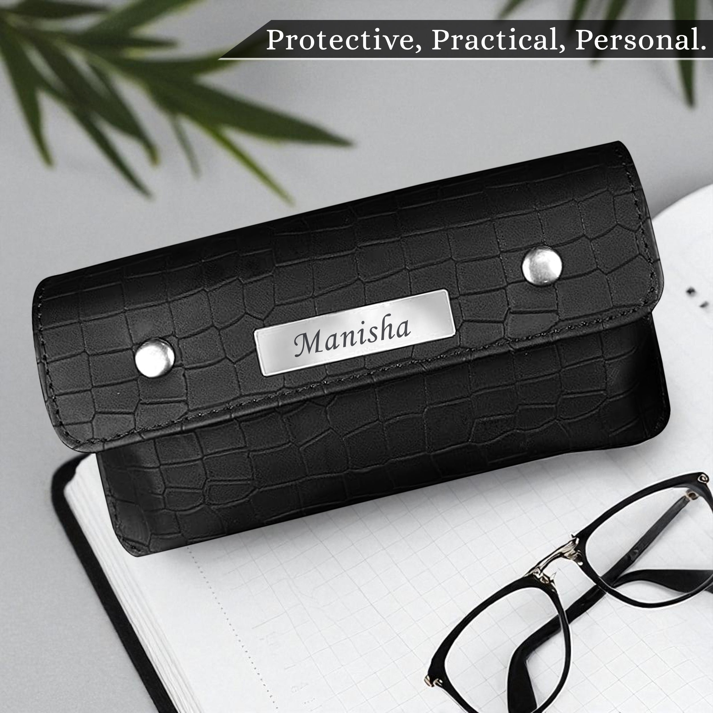 Personalized Croco Design Eyewear Case With Name - Black