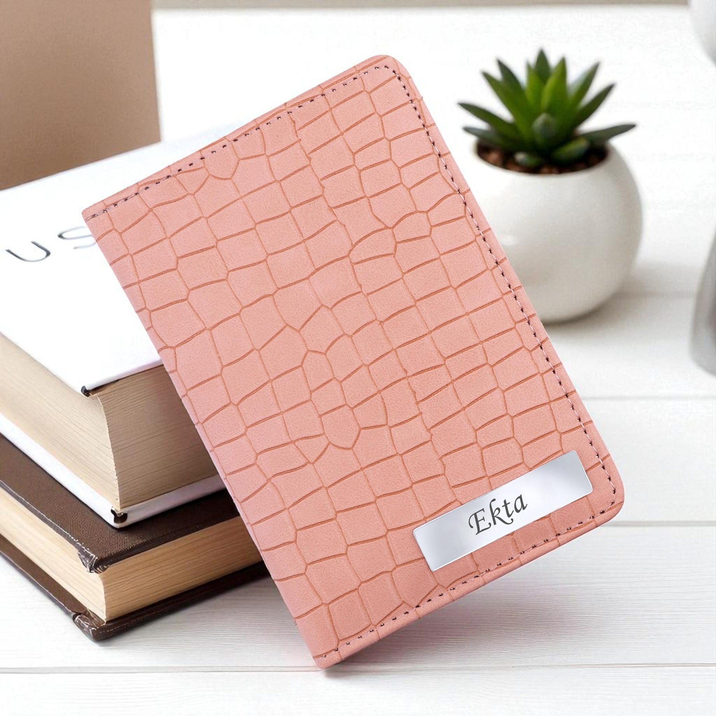 Personalized Croco Design Passport Cover With Name - Beige