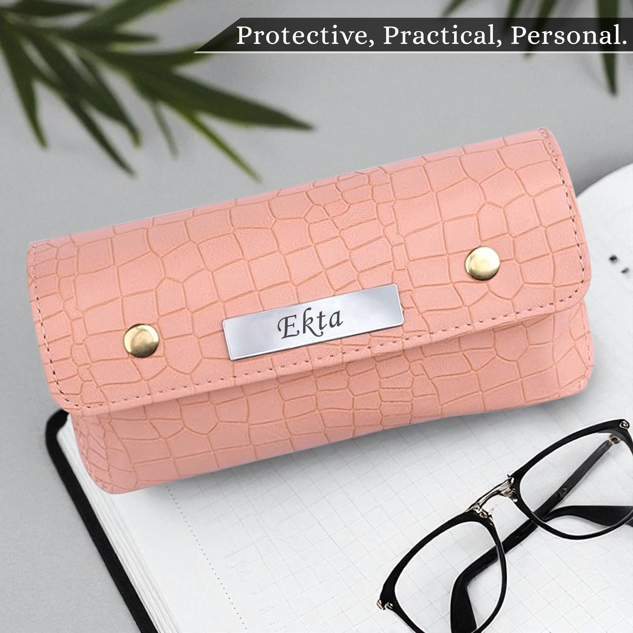 Personalized Croco Design Eyewear Case With Name - Beige