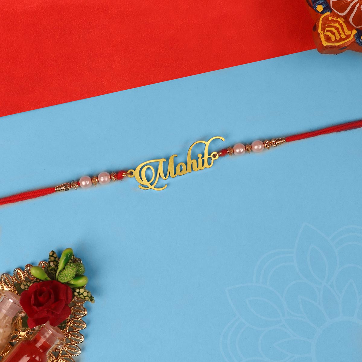 Personalized Cursive Style Name Rakhi With Pearl Beads