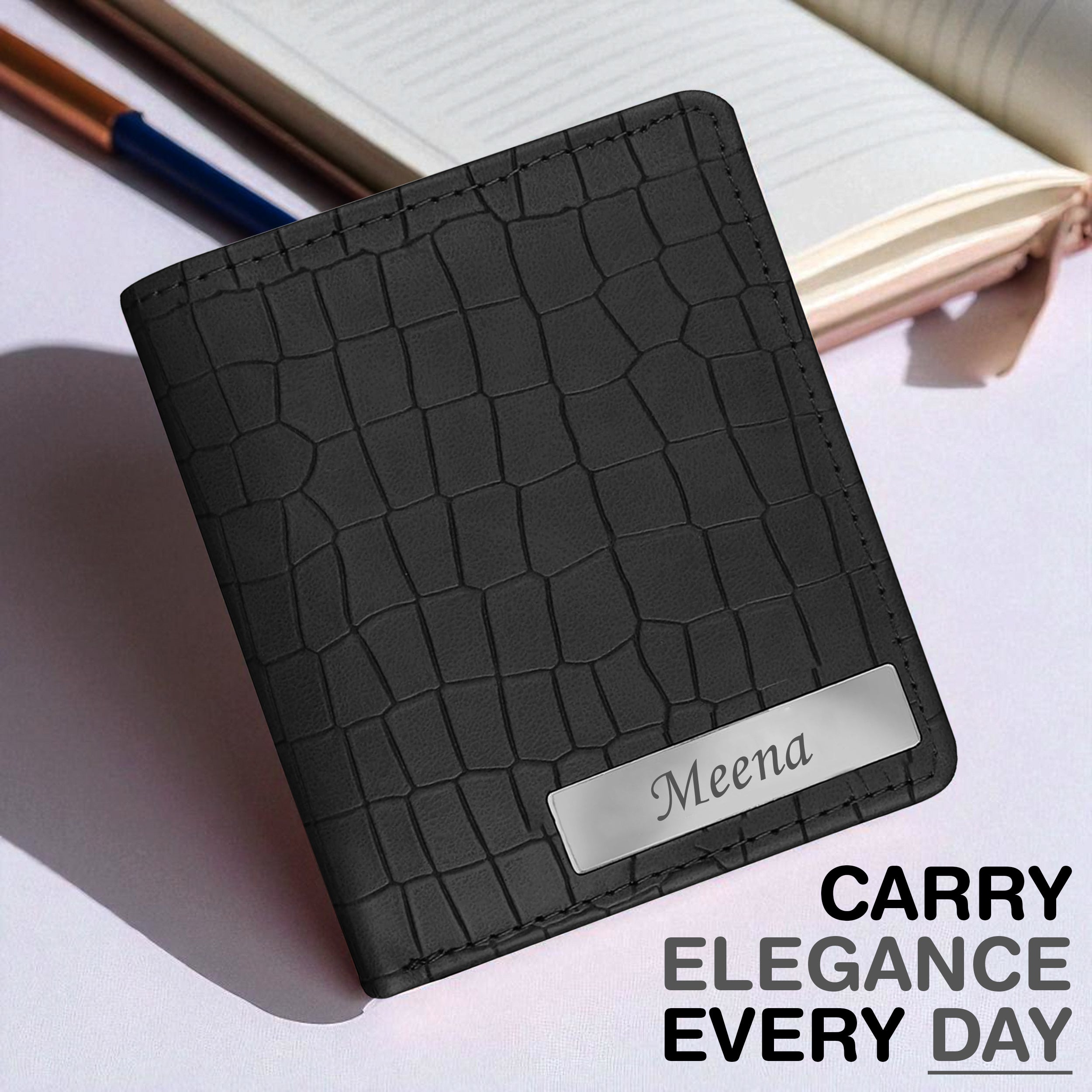 Personalized Croco Design Cardholder With Name - Black