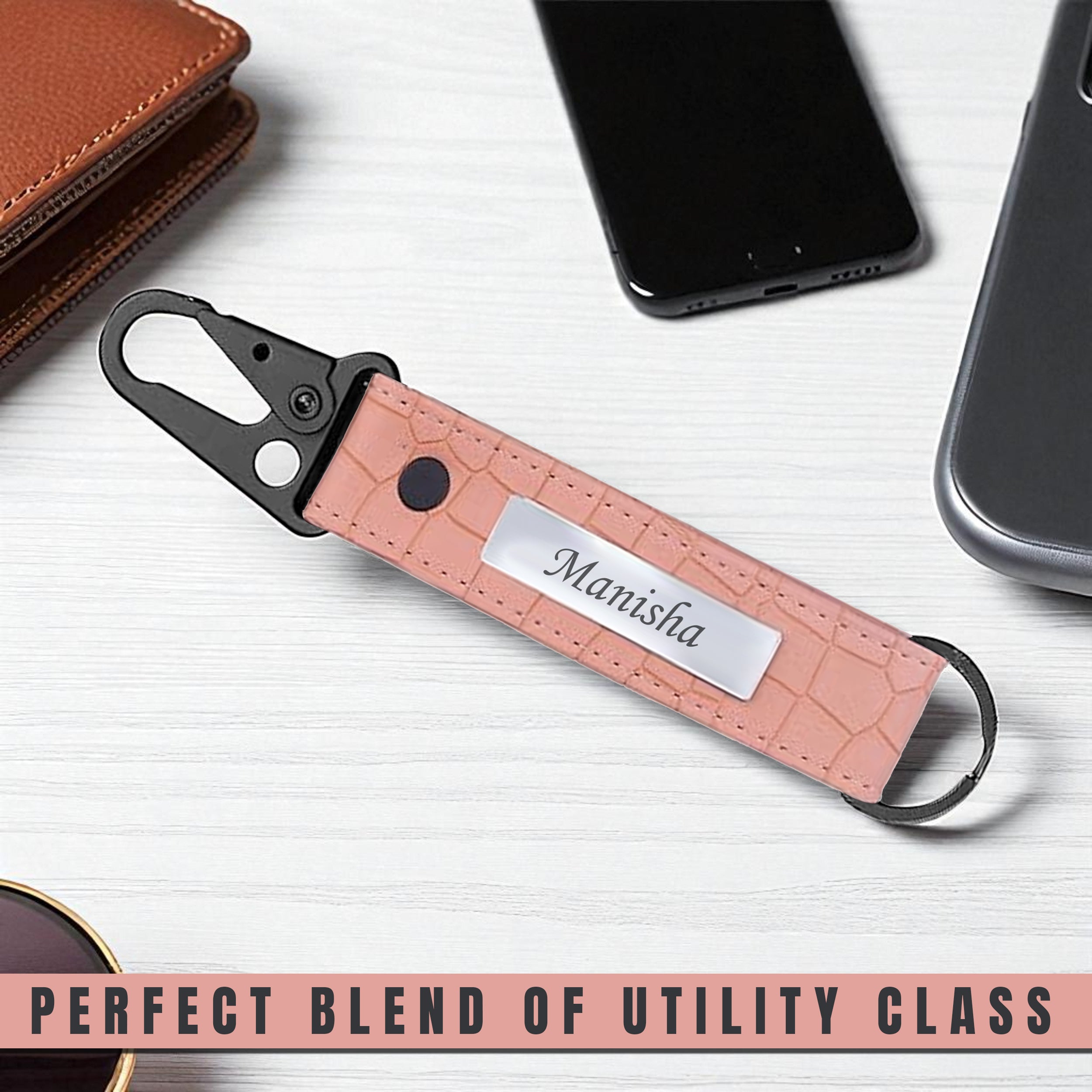 Personalized Croco Design Keychain With Name - Beige