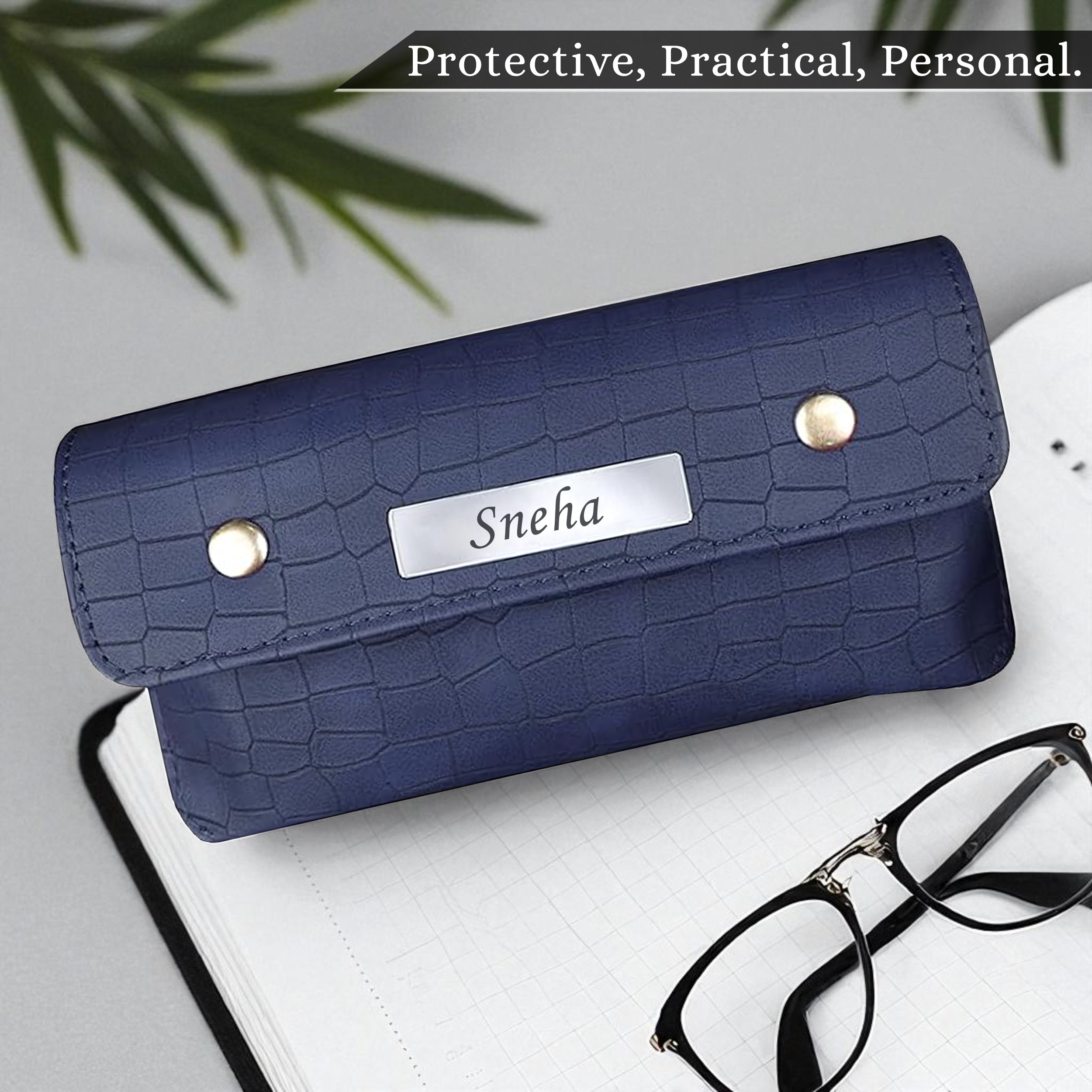Personalized Croco Design Eyewear Case With Name - Blue