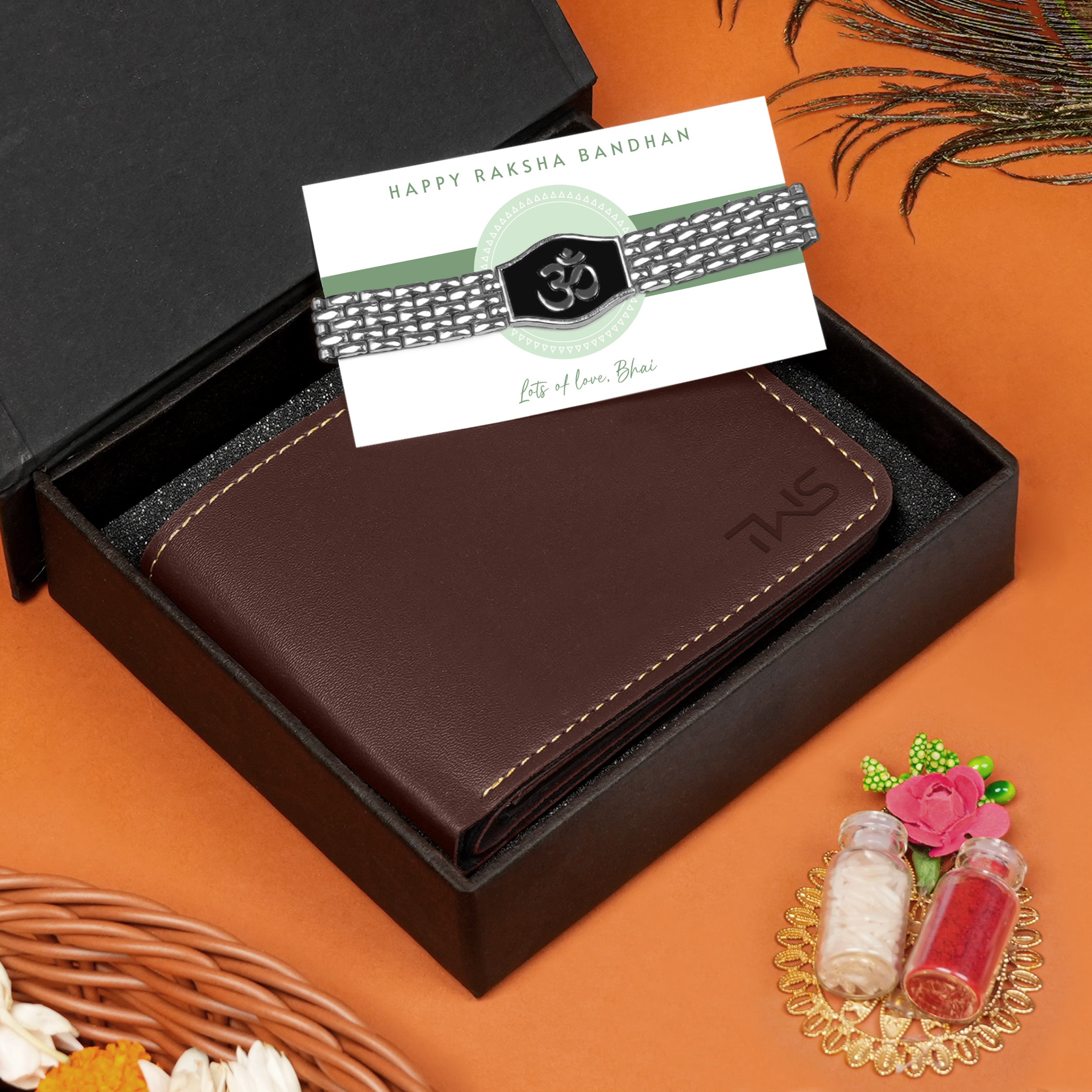 Brown Wallet With Silver Divya Om Bracelet Rakhi Roli Chawal Gift Set