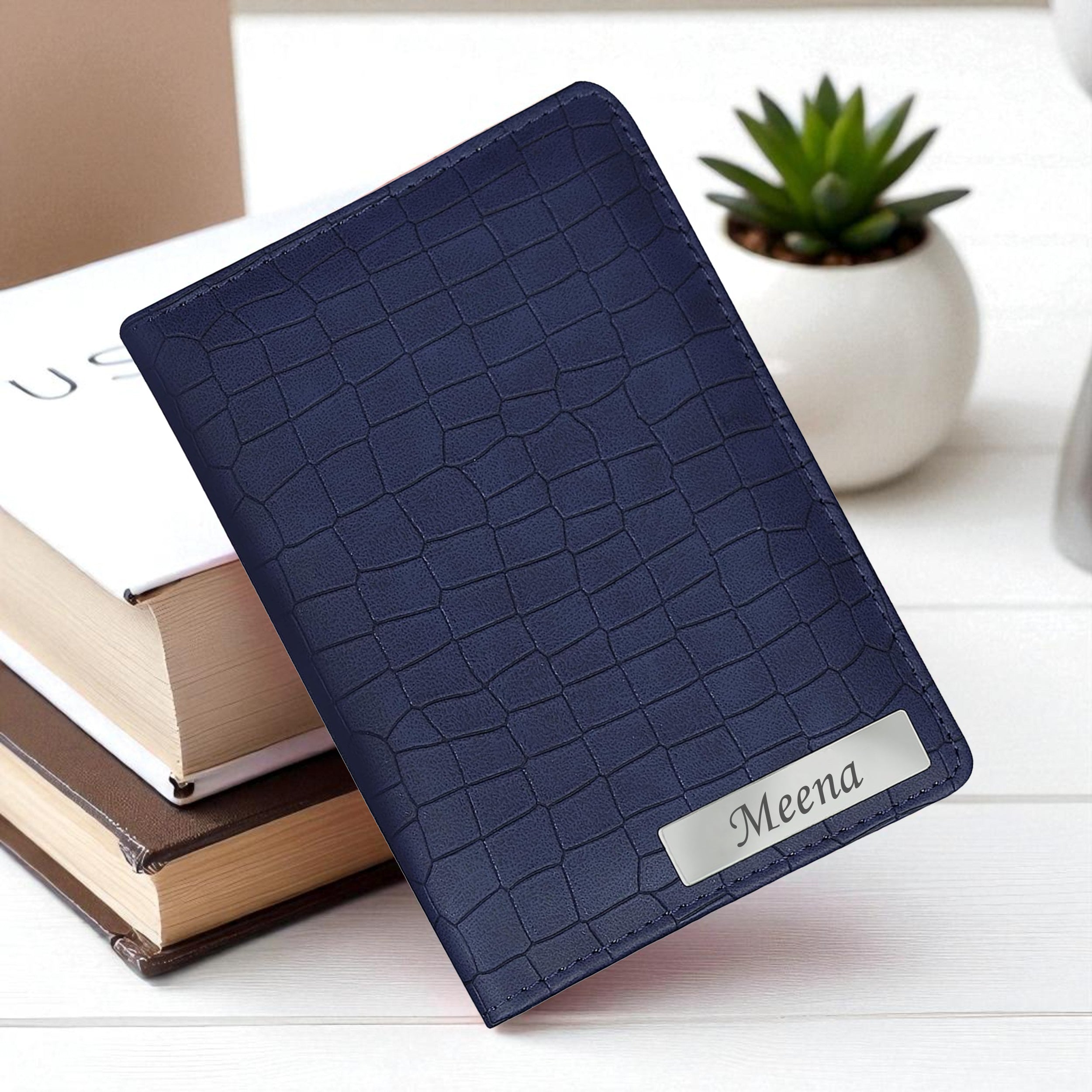 Personalized Croco Design Passport Cover With Name - Blue