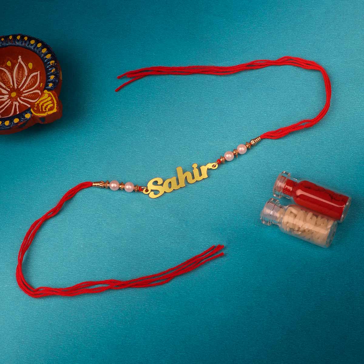 Personalized Cursive Design Name Rakhi With Pearl Beads