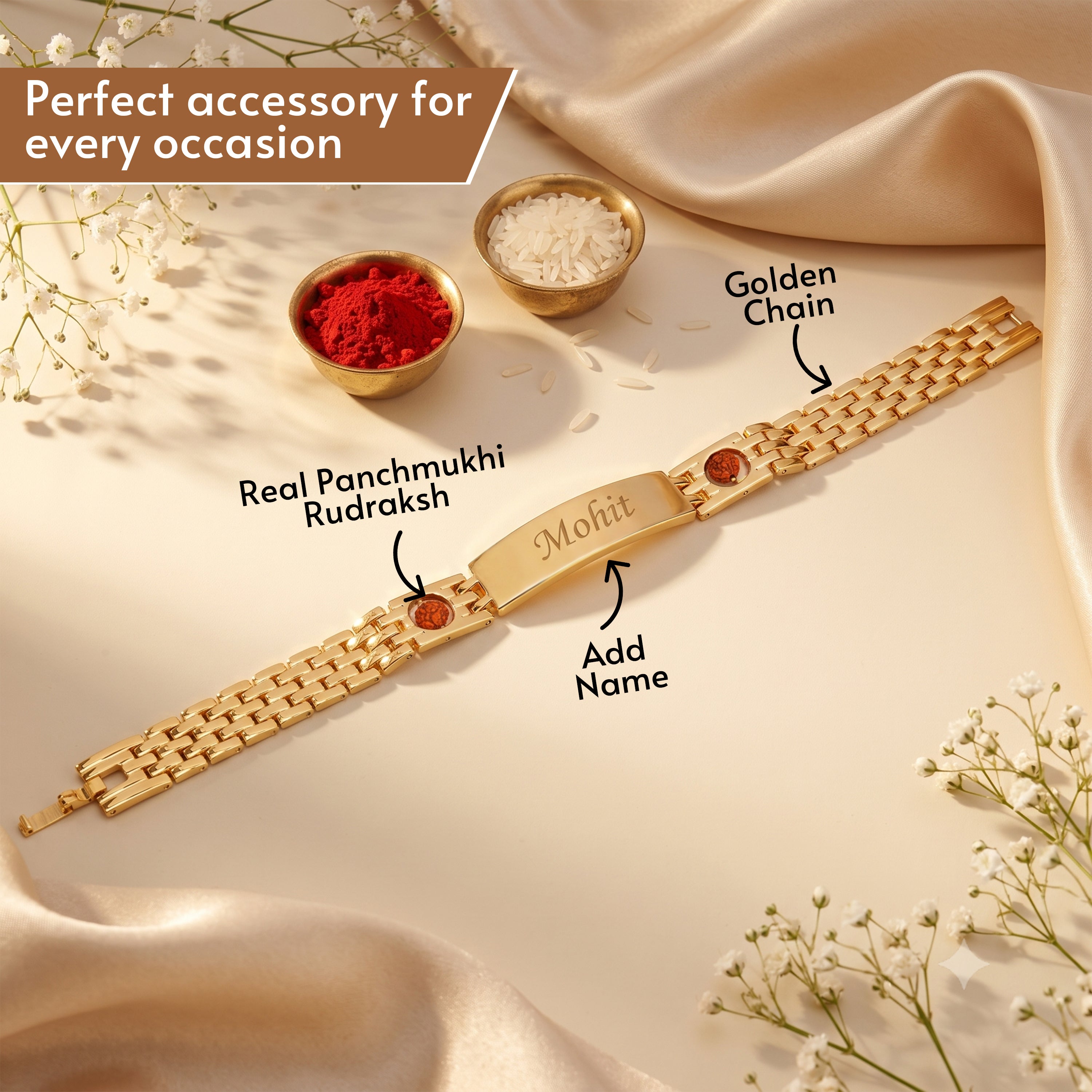 Personalized Rudra Bandhan Bracelet Rakhi With Gift Box - Golden