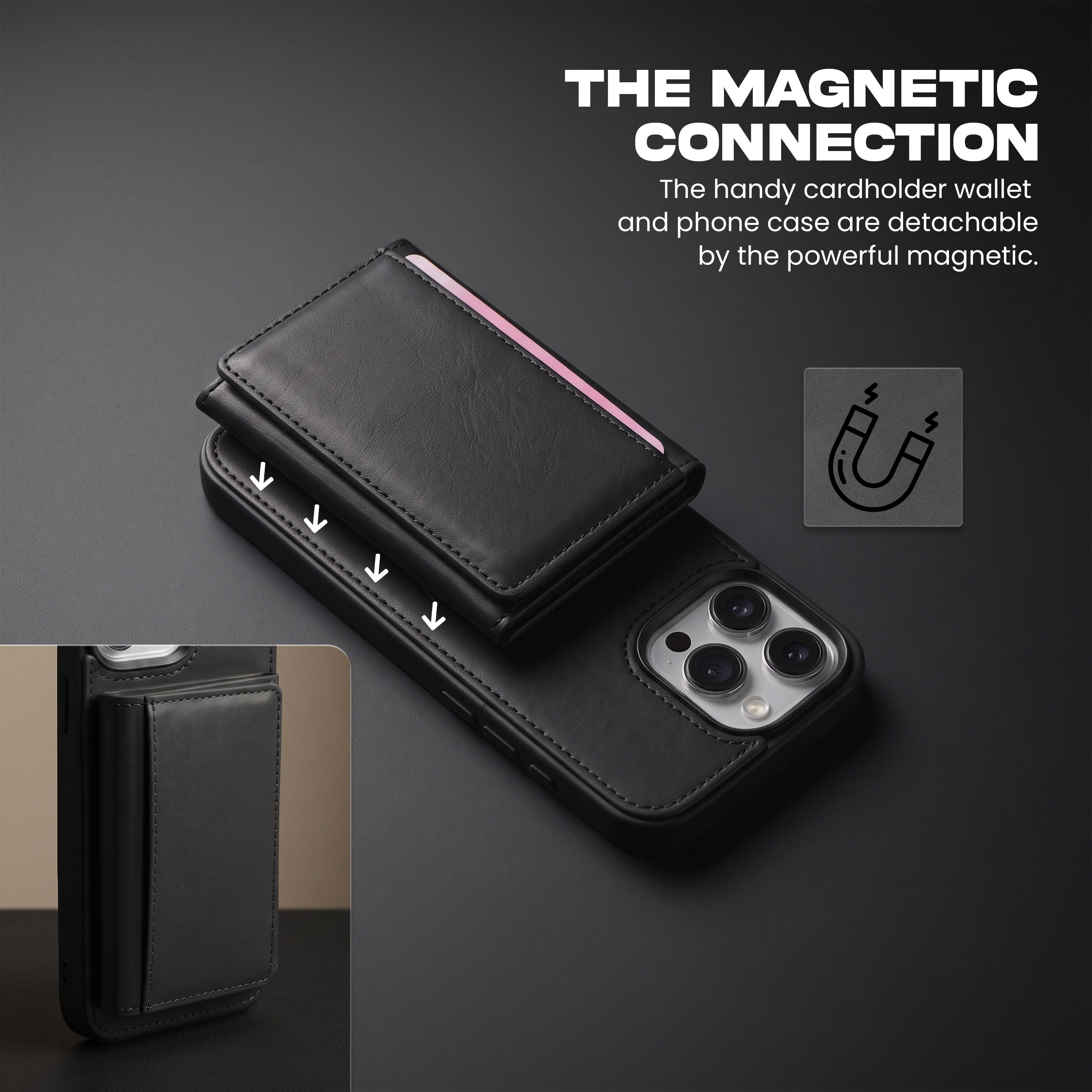 iPhone 16 Pro Max Magnetic Case with Detachable Cardholder - Black