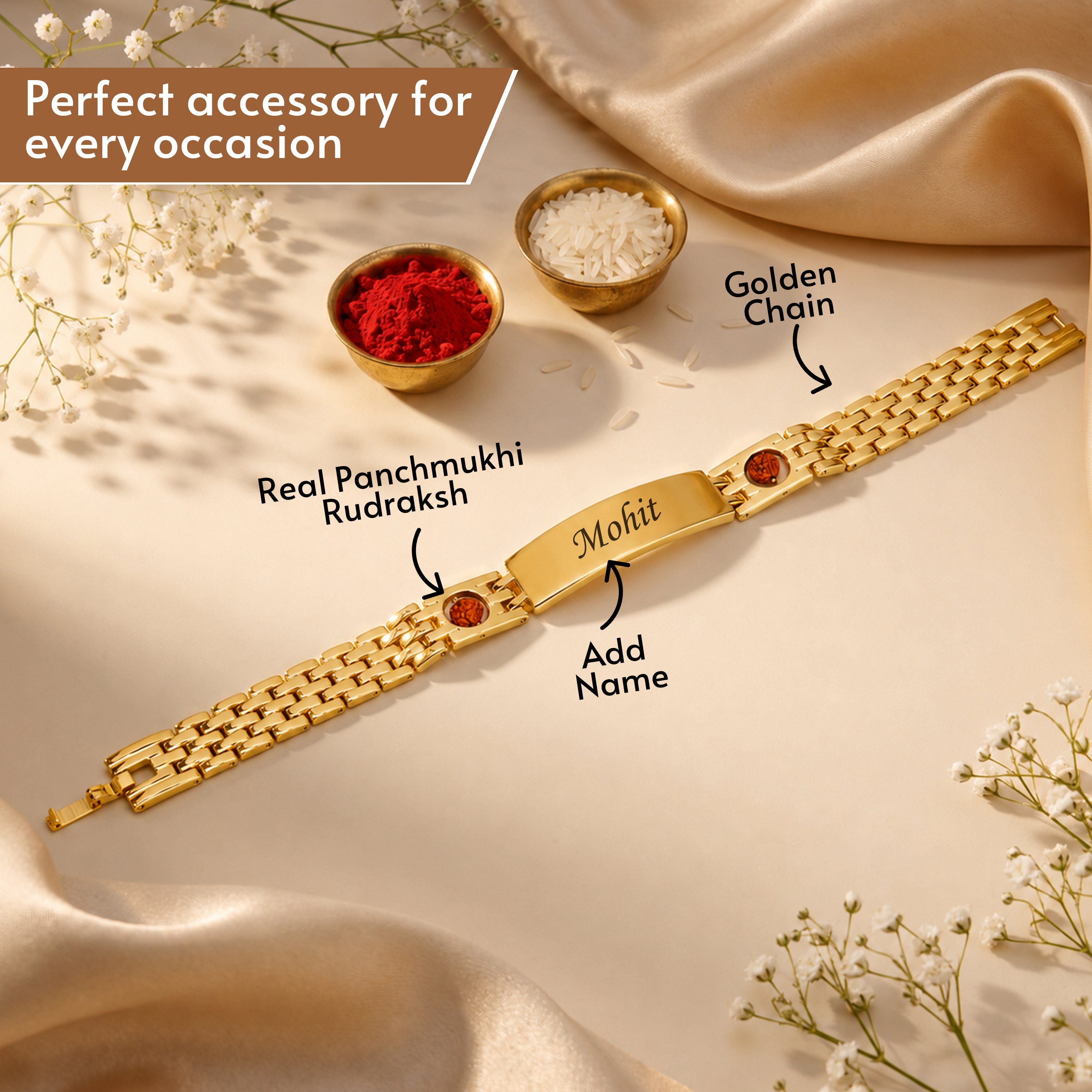 Personalized Rudra Bandhan Bracelet Rakhi With Gift Box - Golden