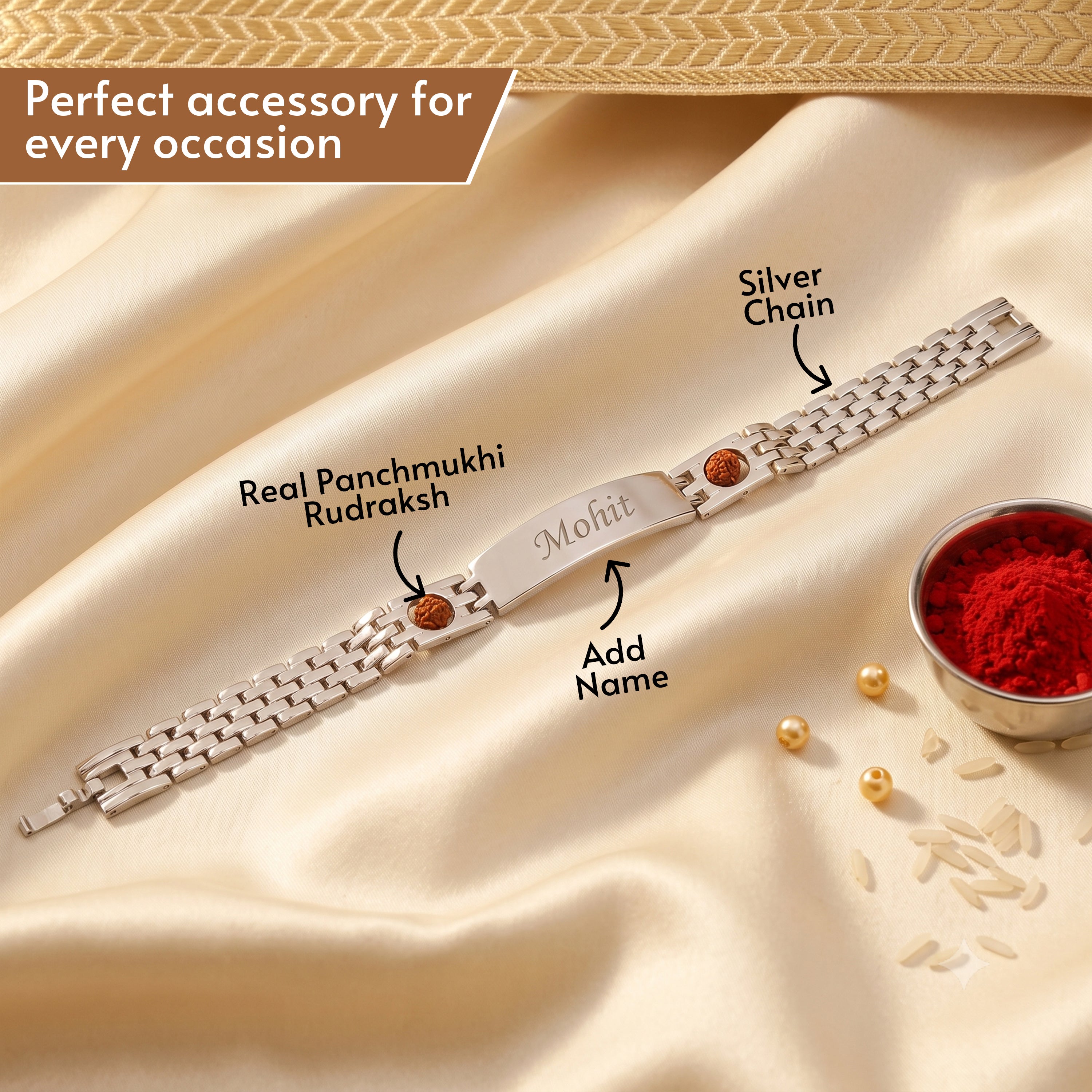 Personalized Rudra Bandhan Bracelet Rakhi With Gift Box - Silver