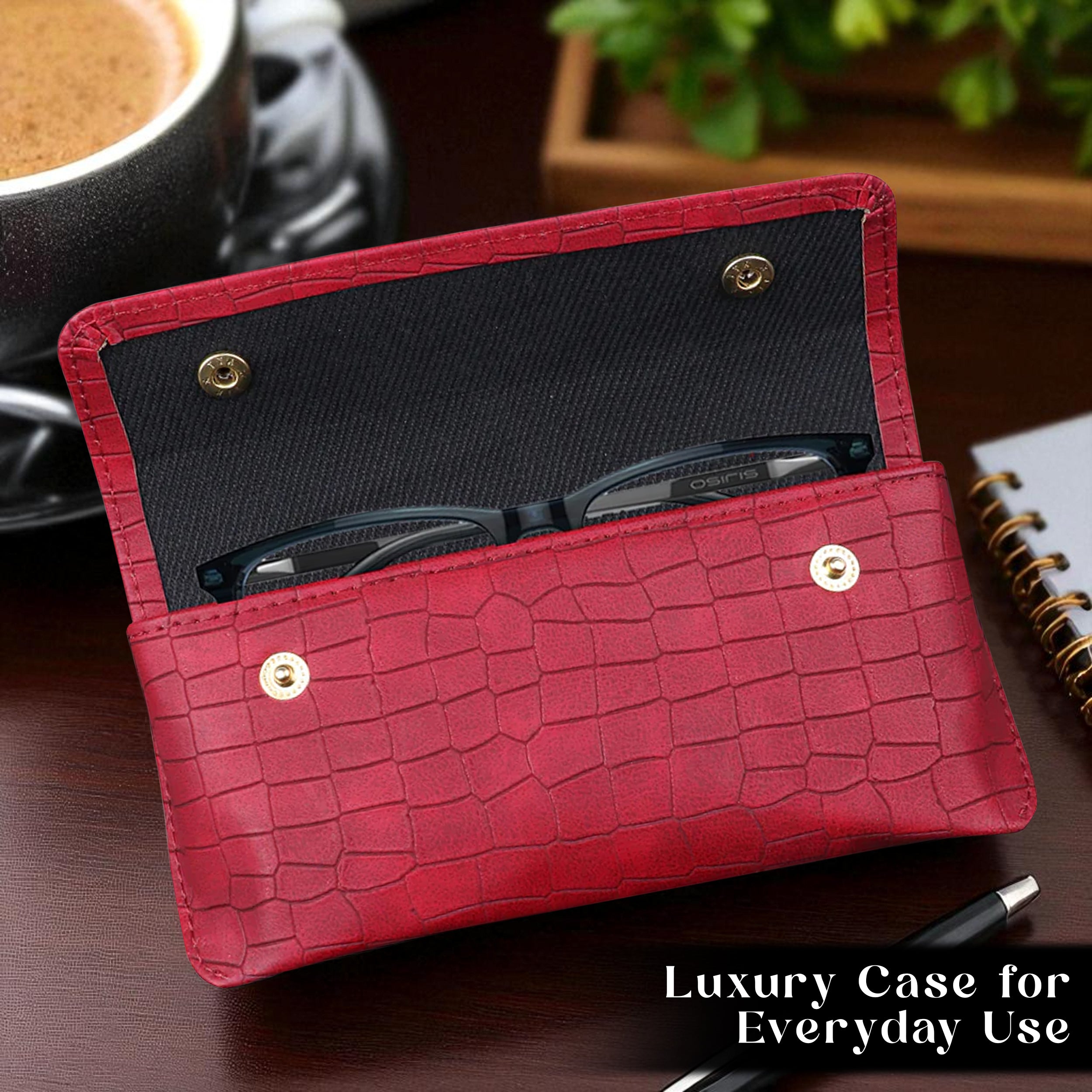 Personalized Croco Design Eyewear Case With Name - Red