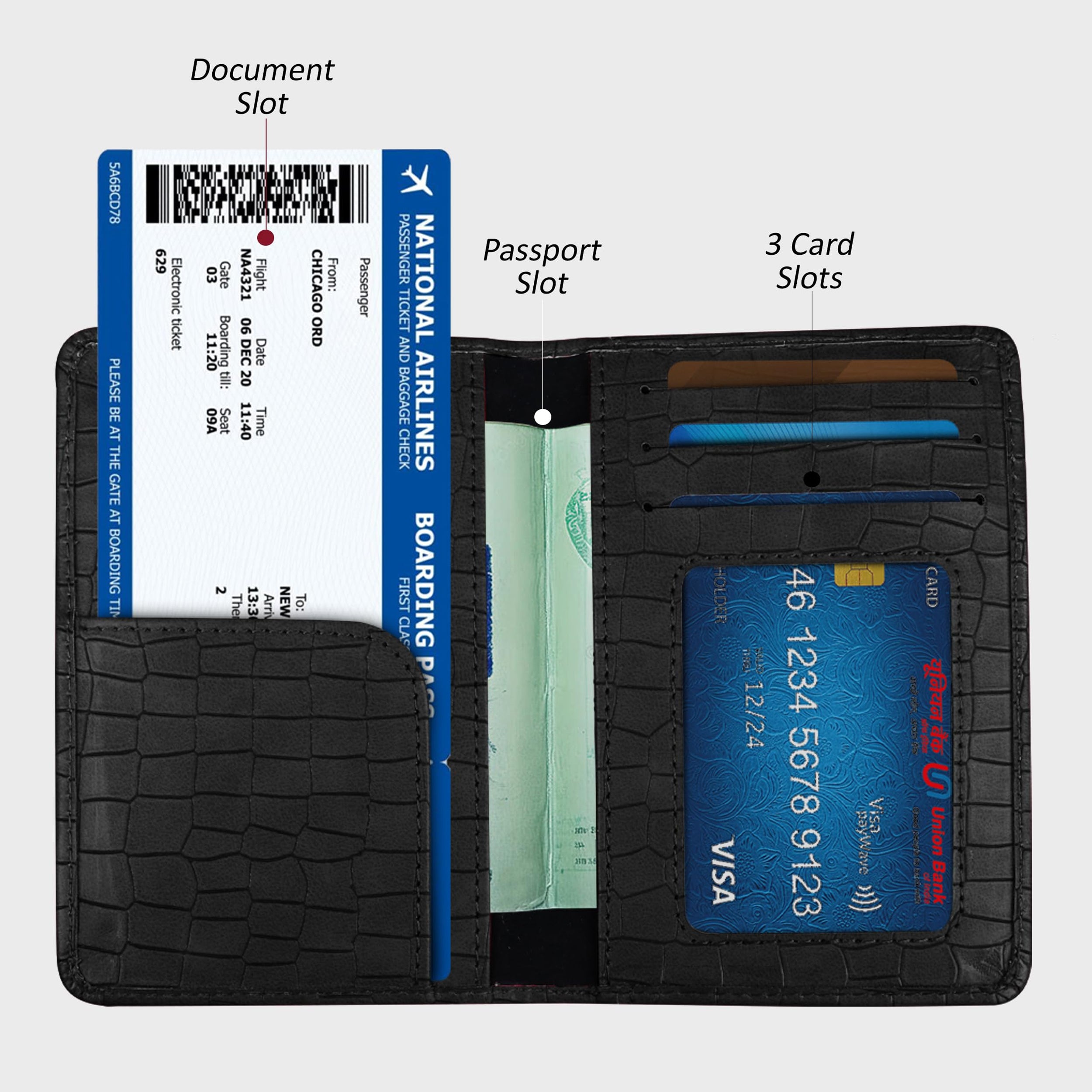 Personalized Croco Design Passport Cover With Name - Black