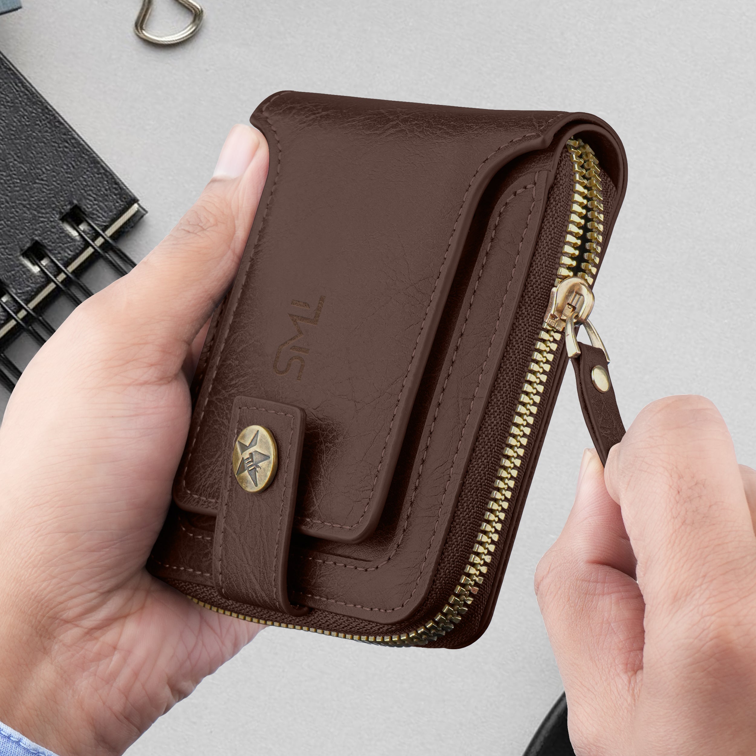 Knight Shield Genuine Leather Zipper Wallet - Dark Brown