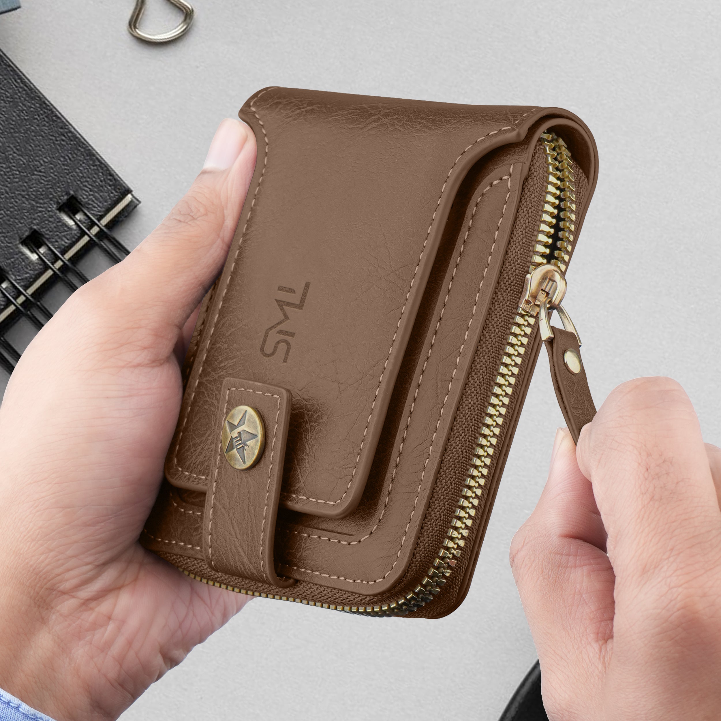 Knight Shield Genuine Leather Zipper Wallet - Brown