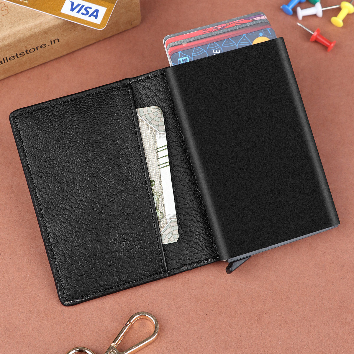 RFID Protected Metal Card Holder With Leather Cover