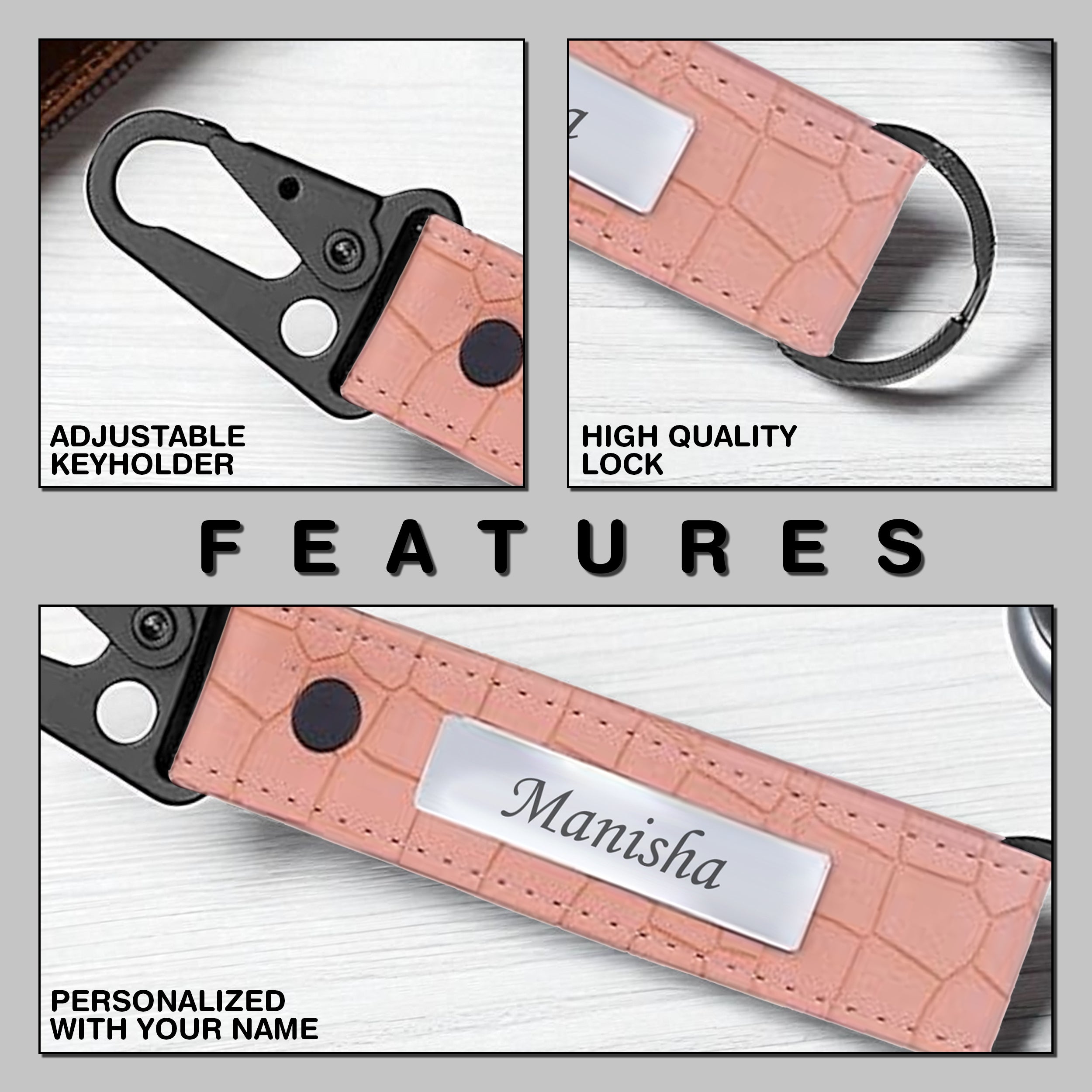 Personalized Croco Design Keychain With Name - Beige