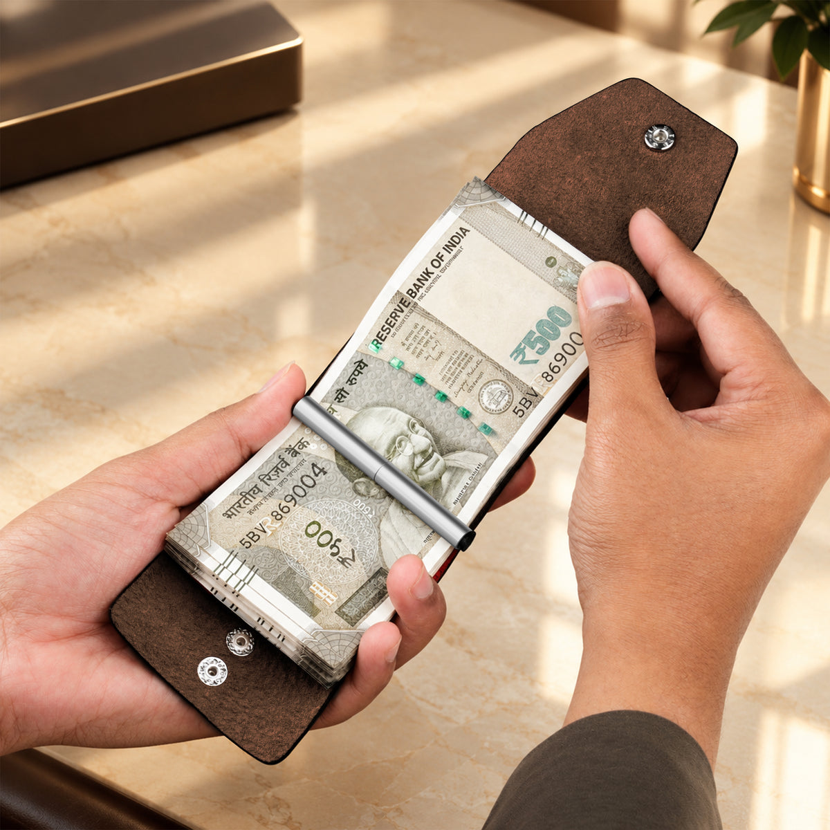 Cash Wrap Slim Leather Wallet - Brown