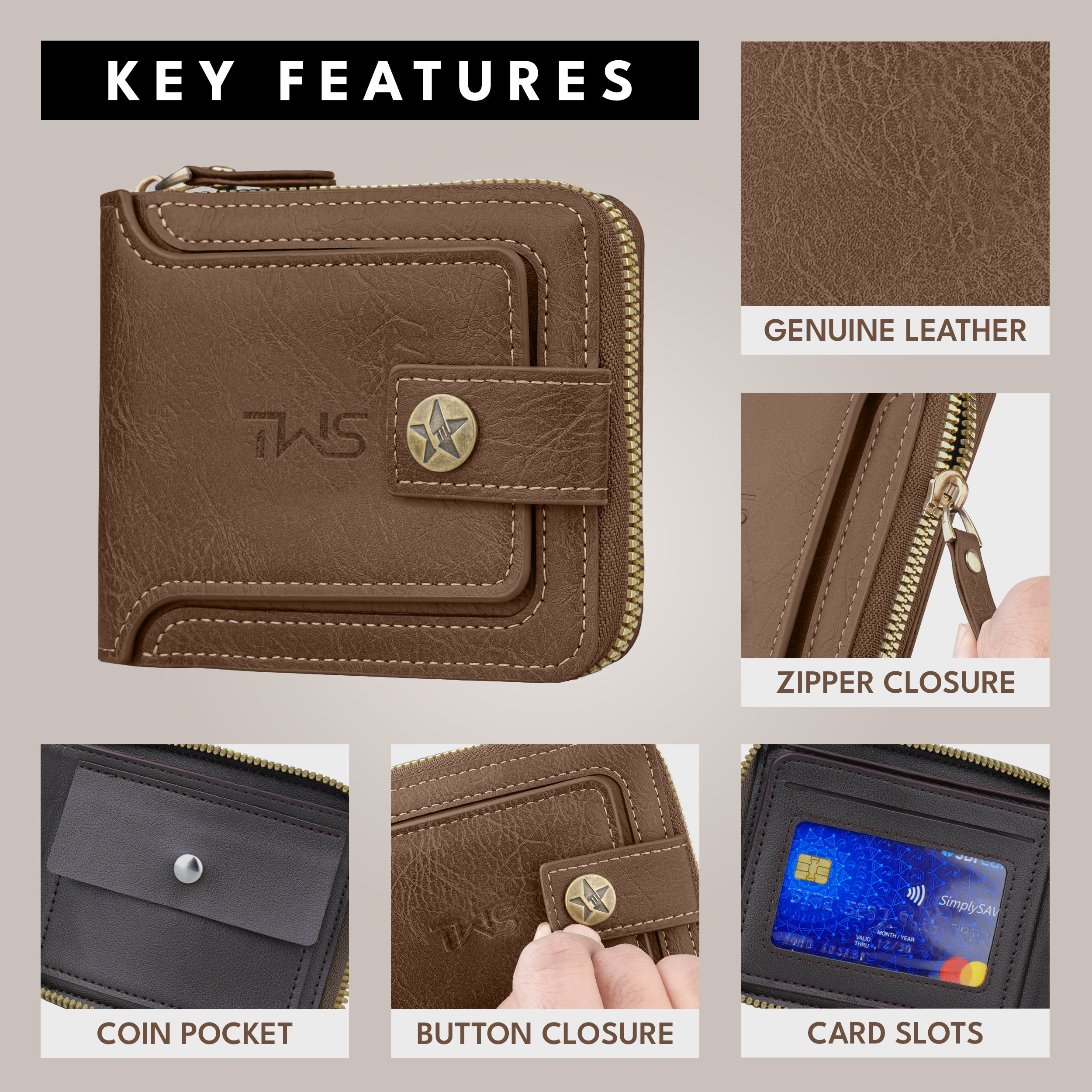 Knight Shield Genuine Leather Zipper Wallet - Brown