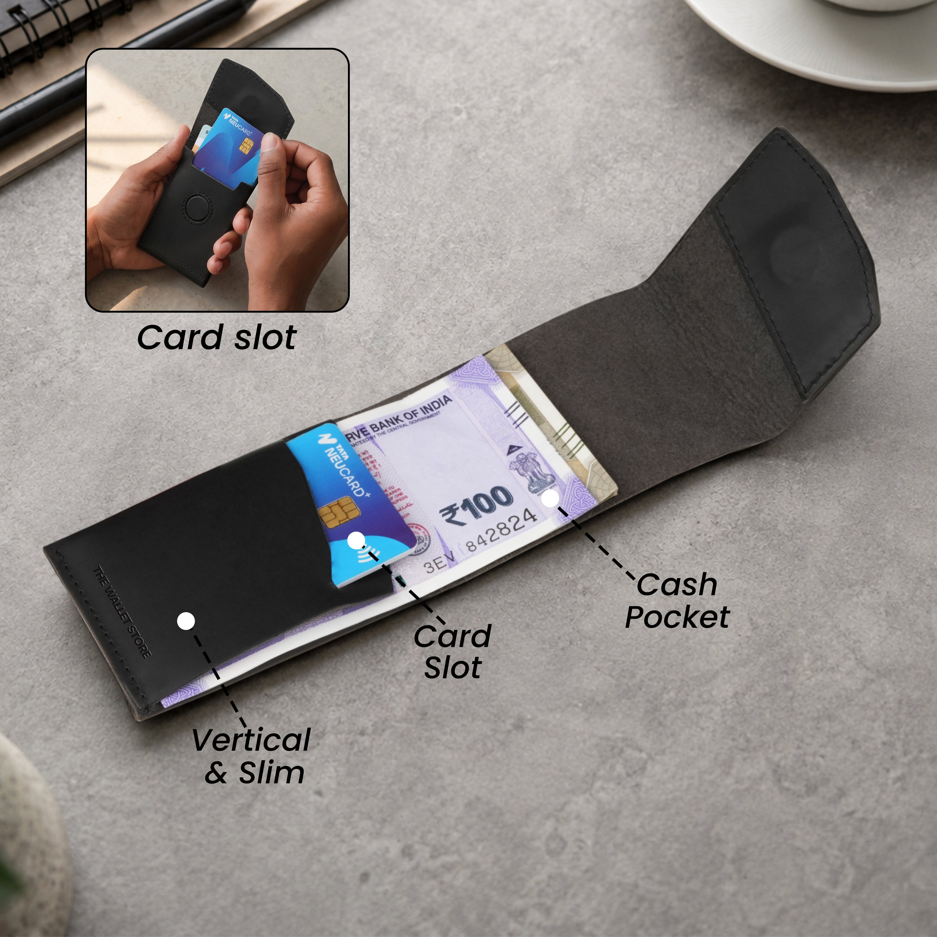 Flip Genuine Leather Wallet With Magnetic Closure - Black