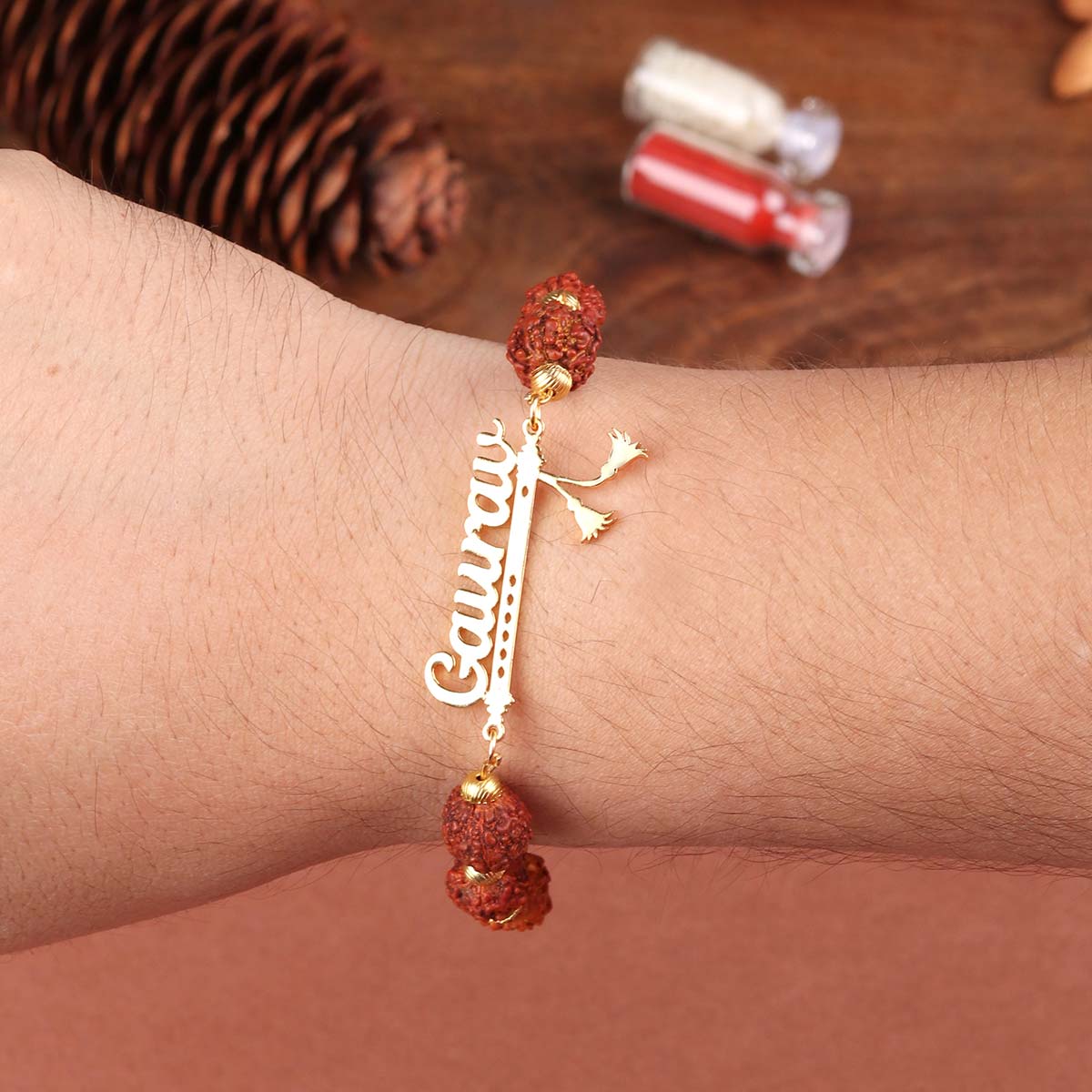 Personalized Flute Design Rudraksh Rakhi With Name