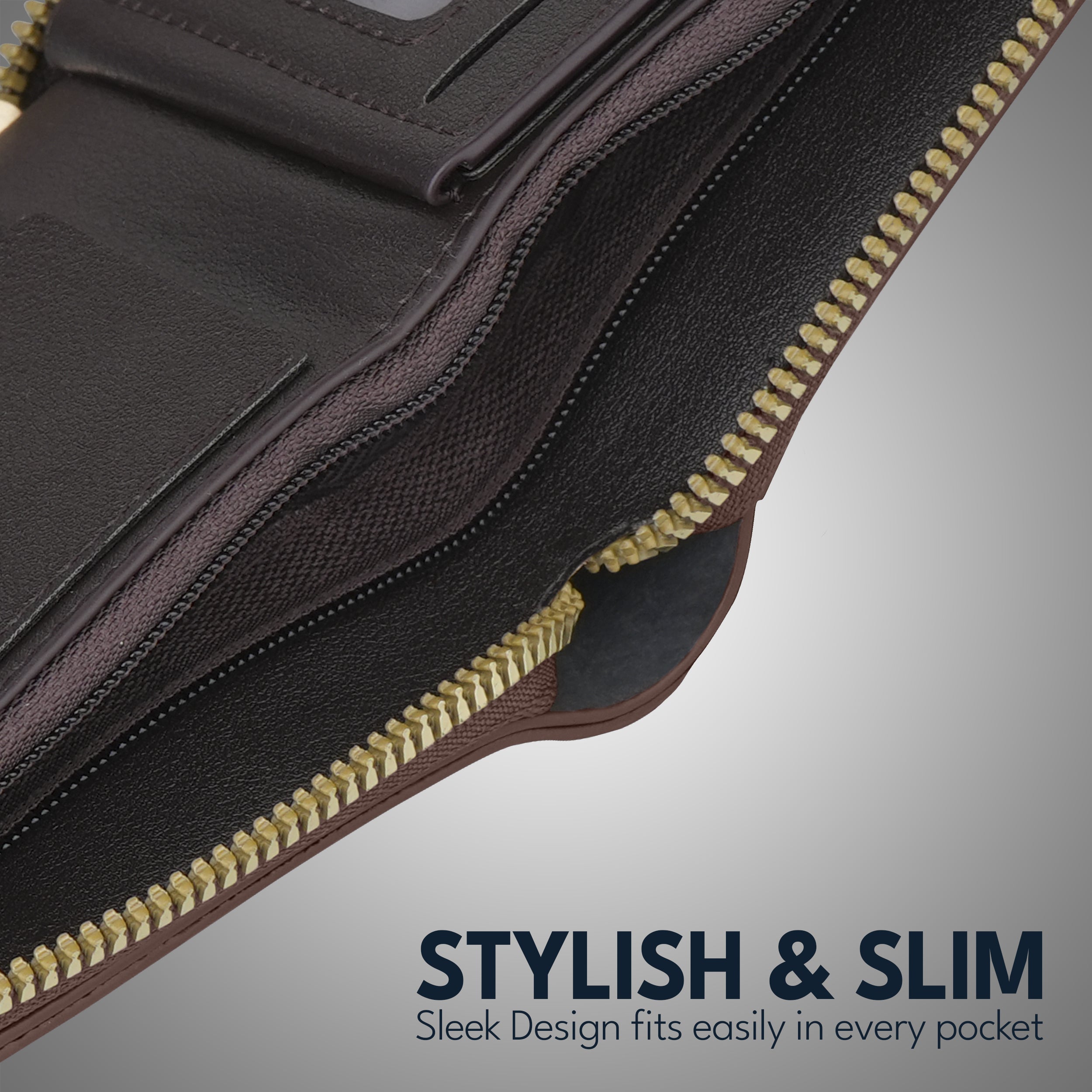 Knight Shield Genuine Leather Zipper Wallet - Dark Brown