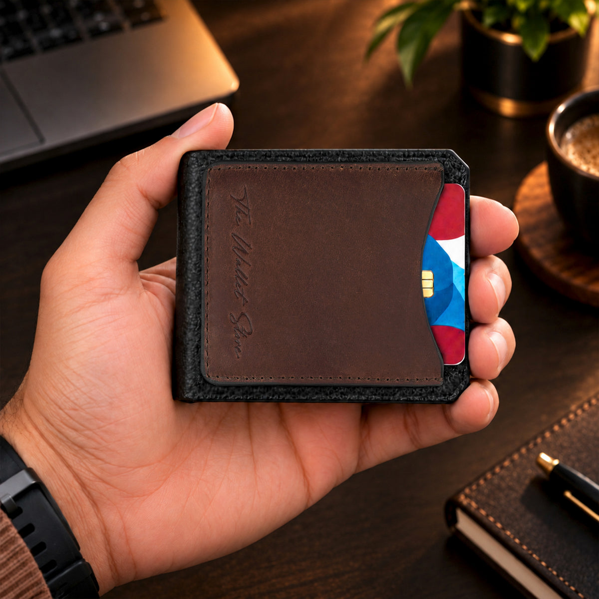 Hunter Dual-Tone Leather Men's Wallet with Magnetic Closure - Dark Brown