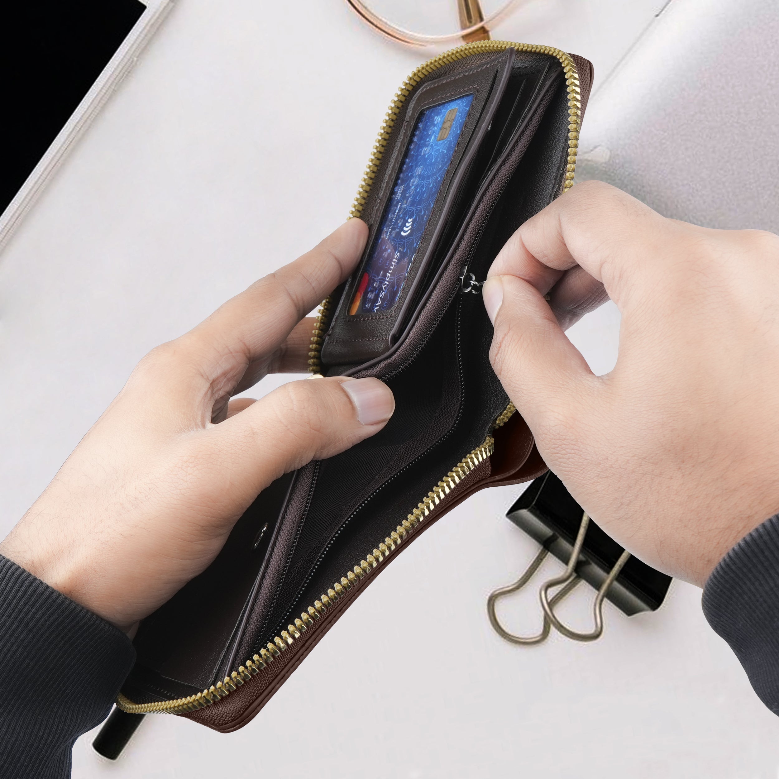 Knight Shield Genuine Leather Zipper Wallet - Dark Brown