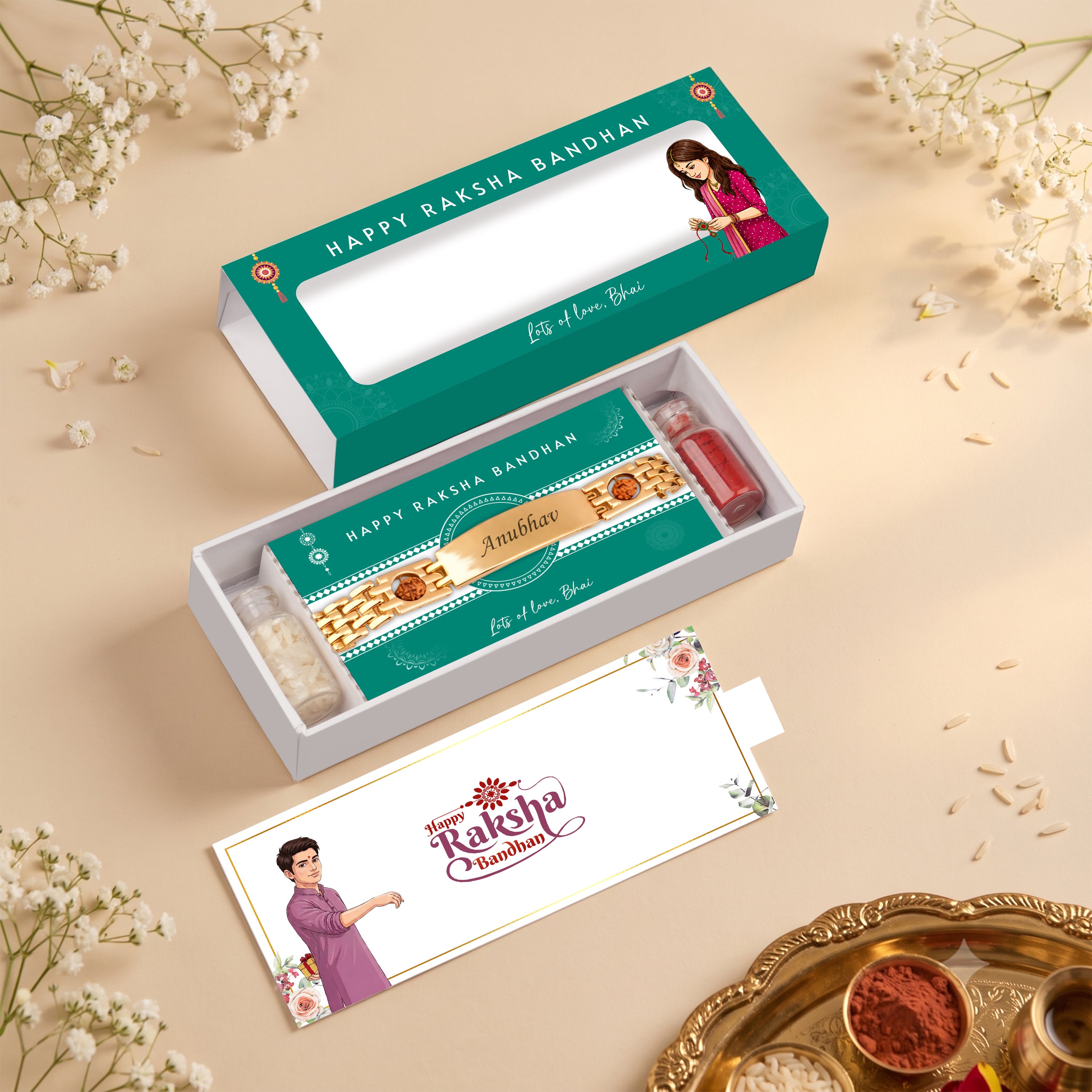 Personalized Rudra Bandhan Bracelet Rakhi With Gift Box - Golden