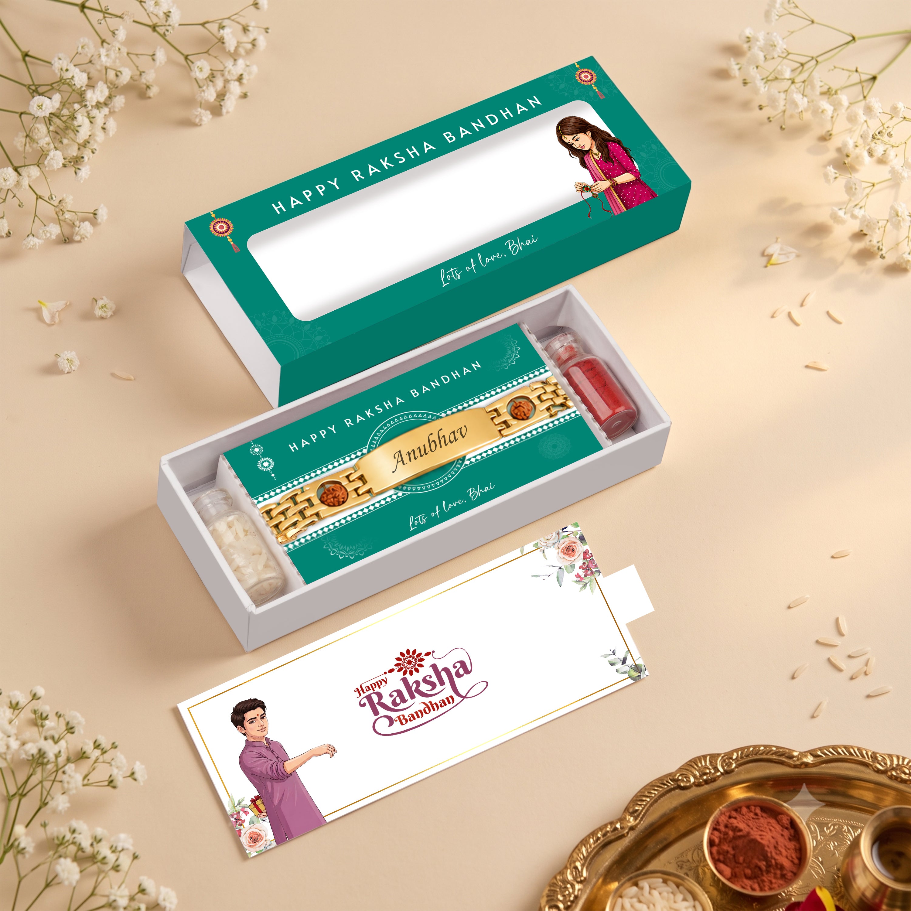 Personalized Rudra Bandhan Bracelet Rakhi With Gift Box - Golden