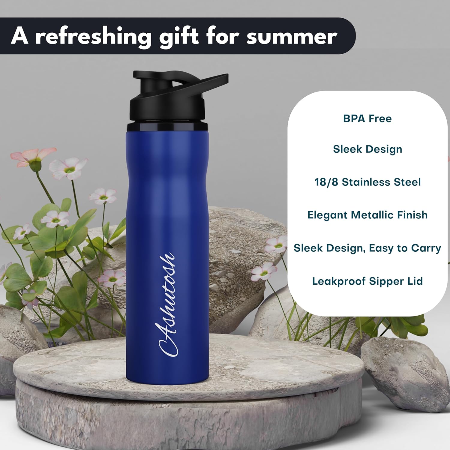 Personalized Neon Stainless Steel Sipper Water Bottle - Blue