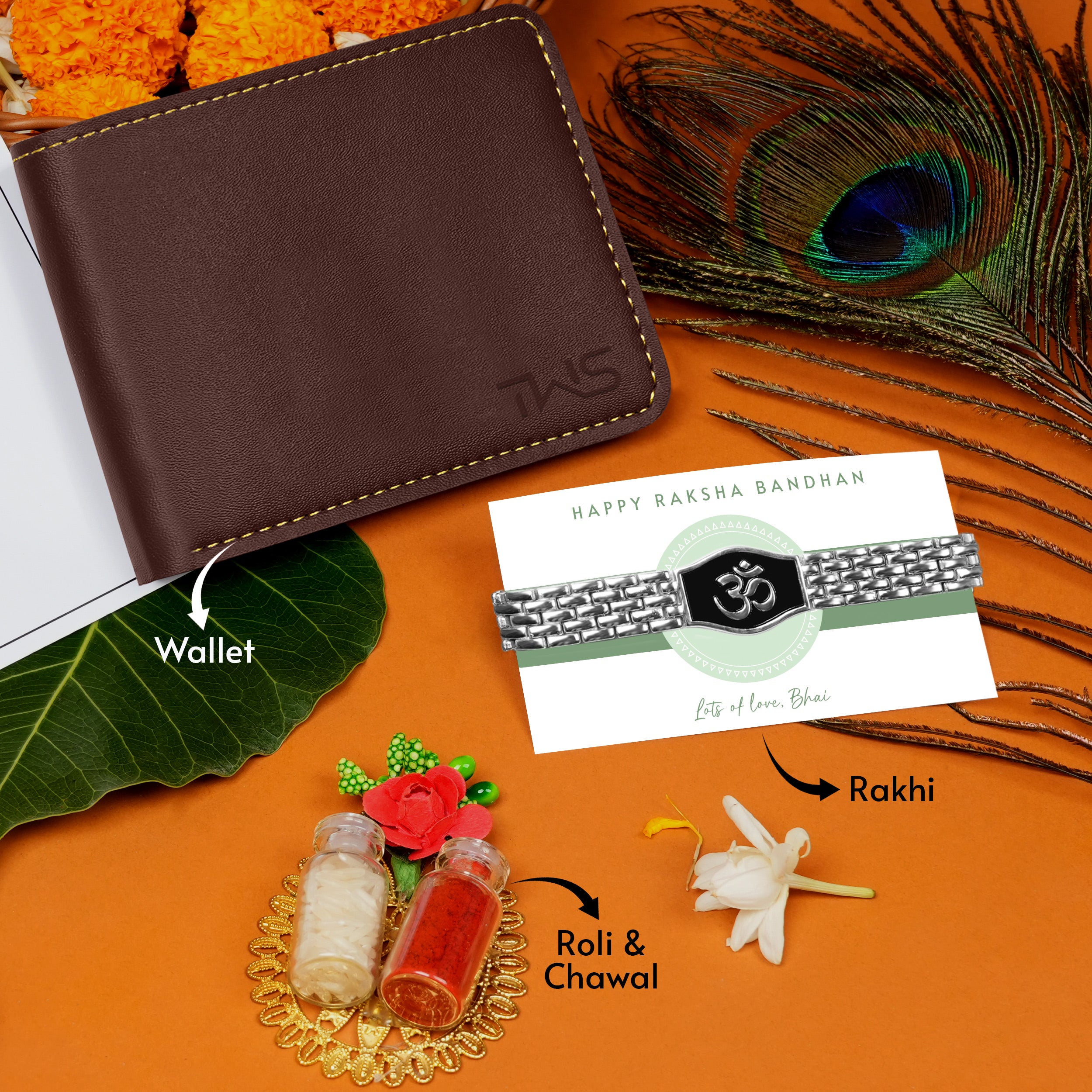 Brown Wallet With Silver Divya Om Bracelet Rakhi Roli Chawal Gift Set