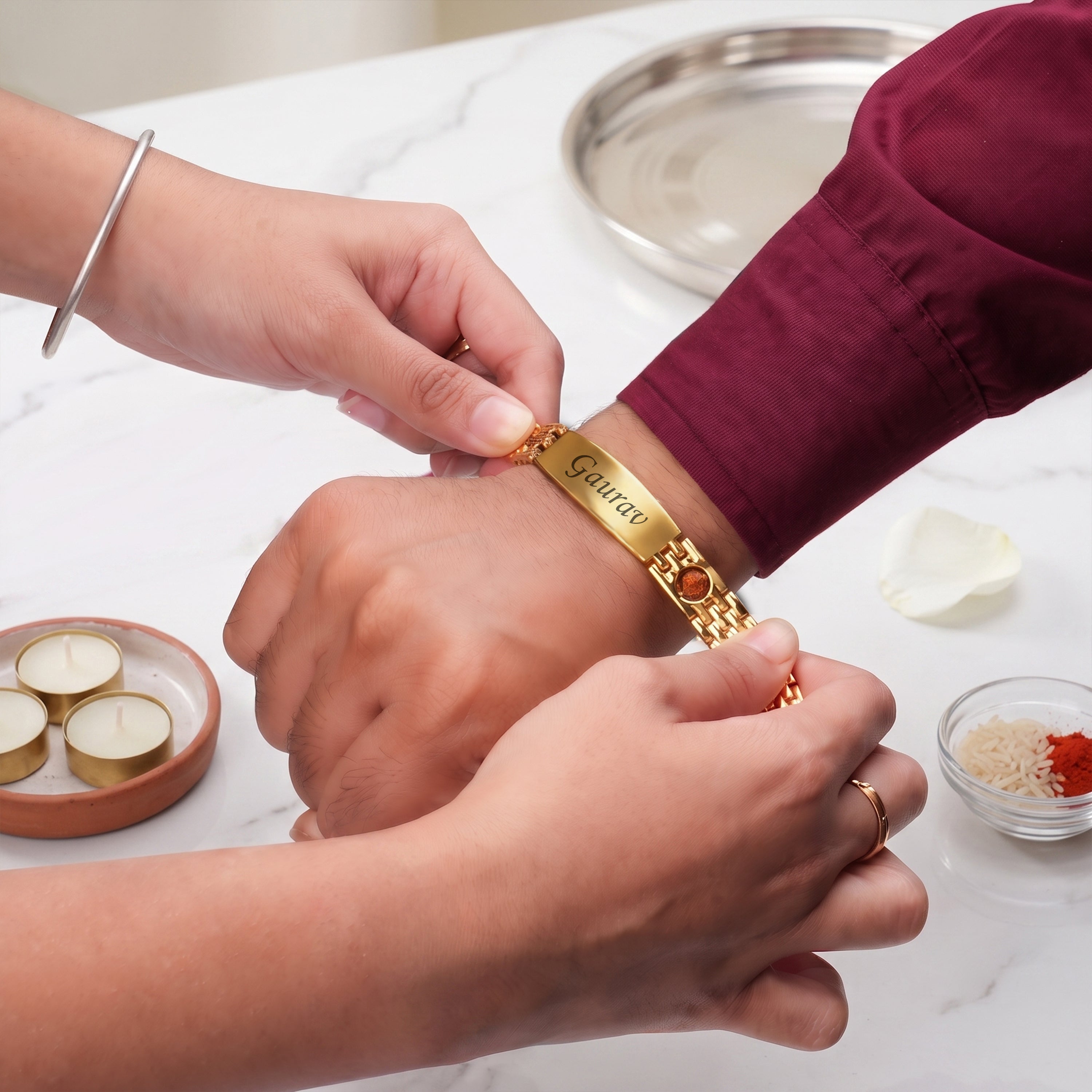 Personalized Rudra Bandhan Bracelet Rakhi With Gift Box - Golden
