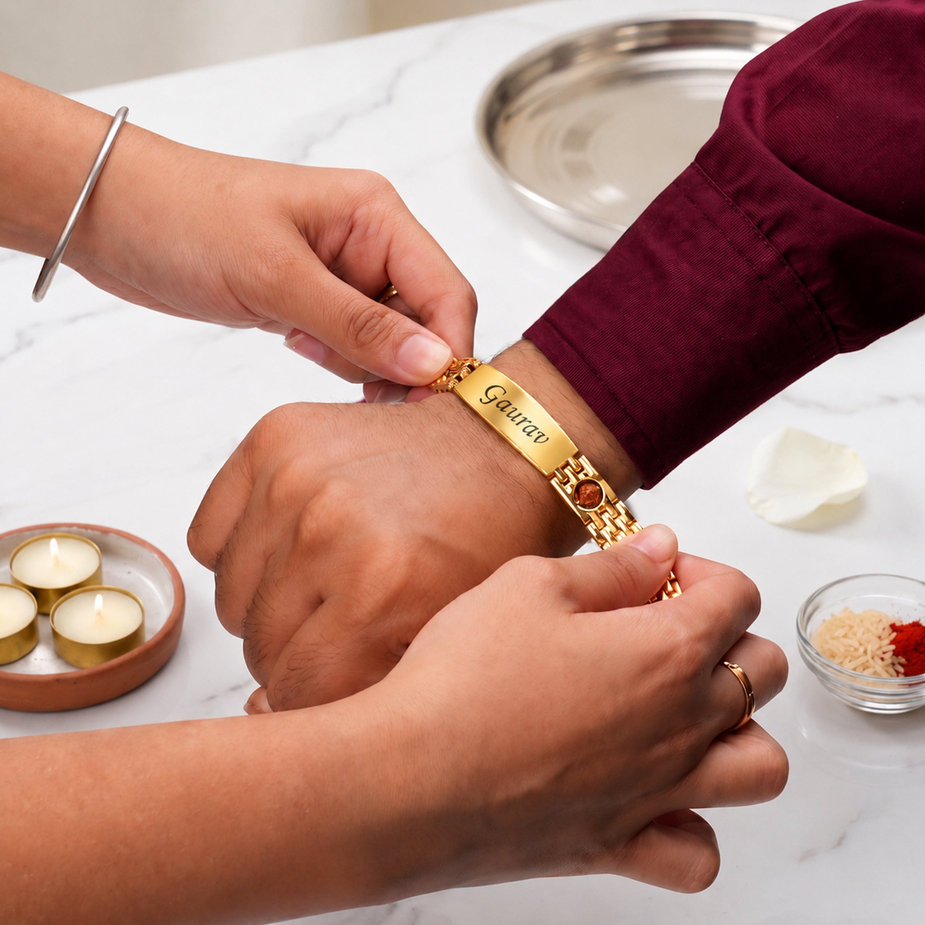 Personalized Rudra Bandhan Bracelet Rakhi With Gift Box - Golden