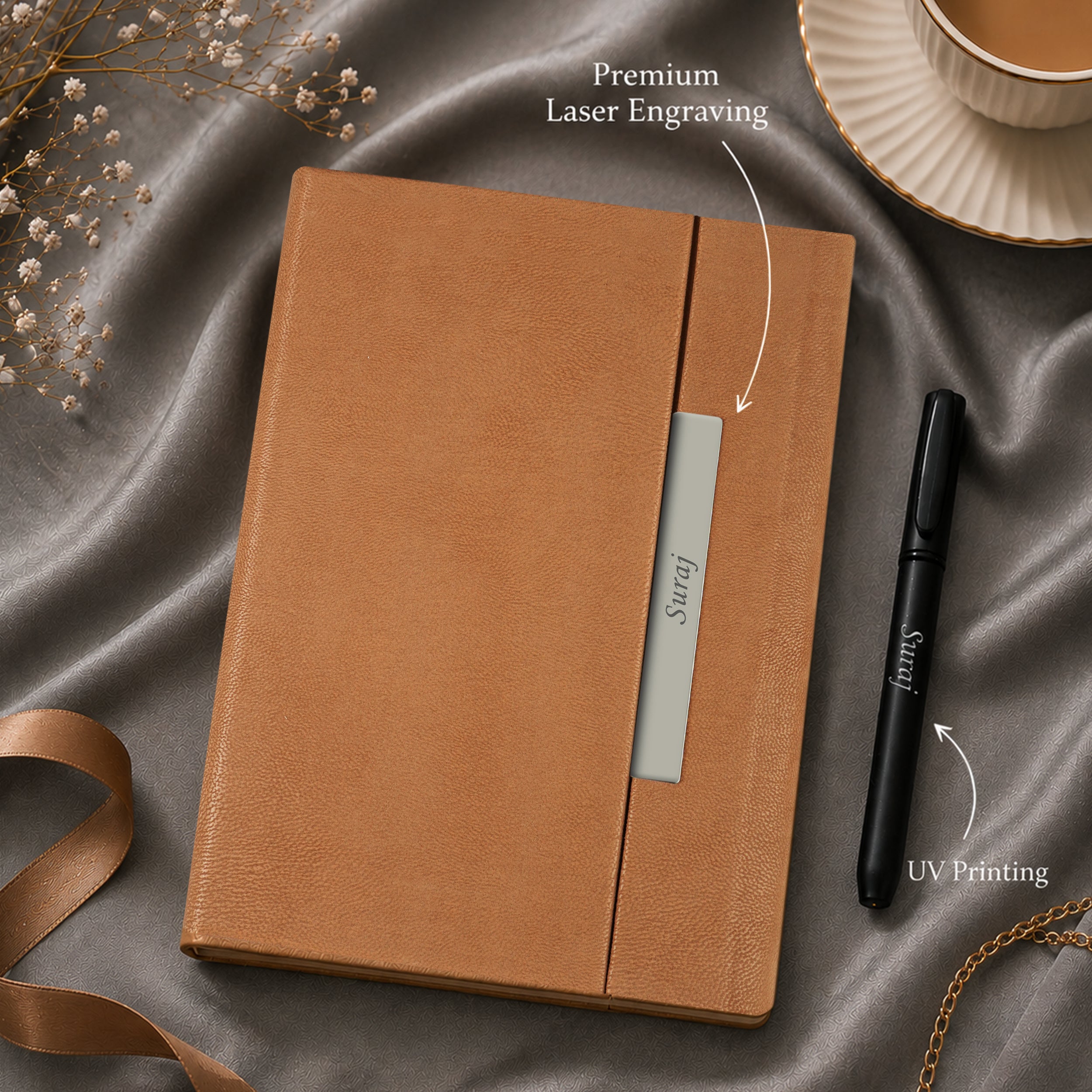 Monarch Personalized A5 Leatherette Diary & Pen Set - Beige