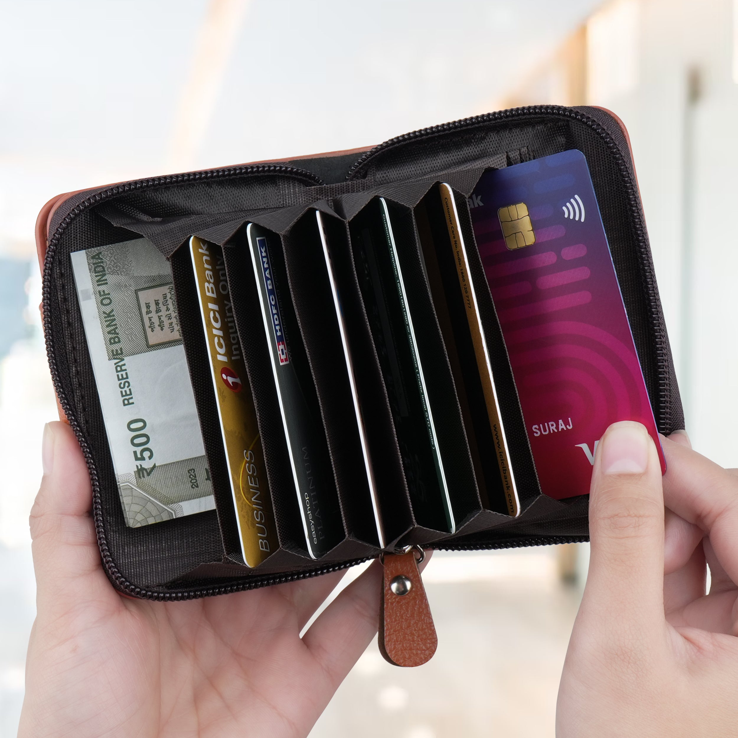 Secure Mate Vegan Leather Zipper Wallet - Tan Brown