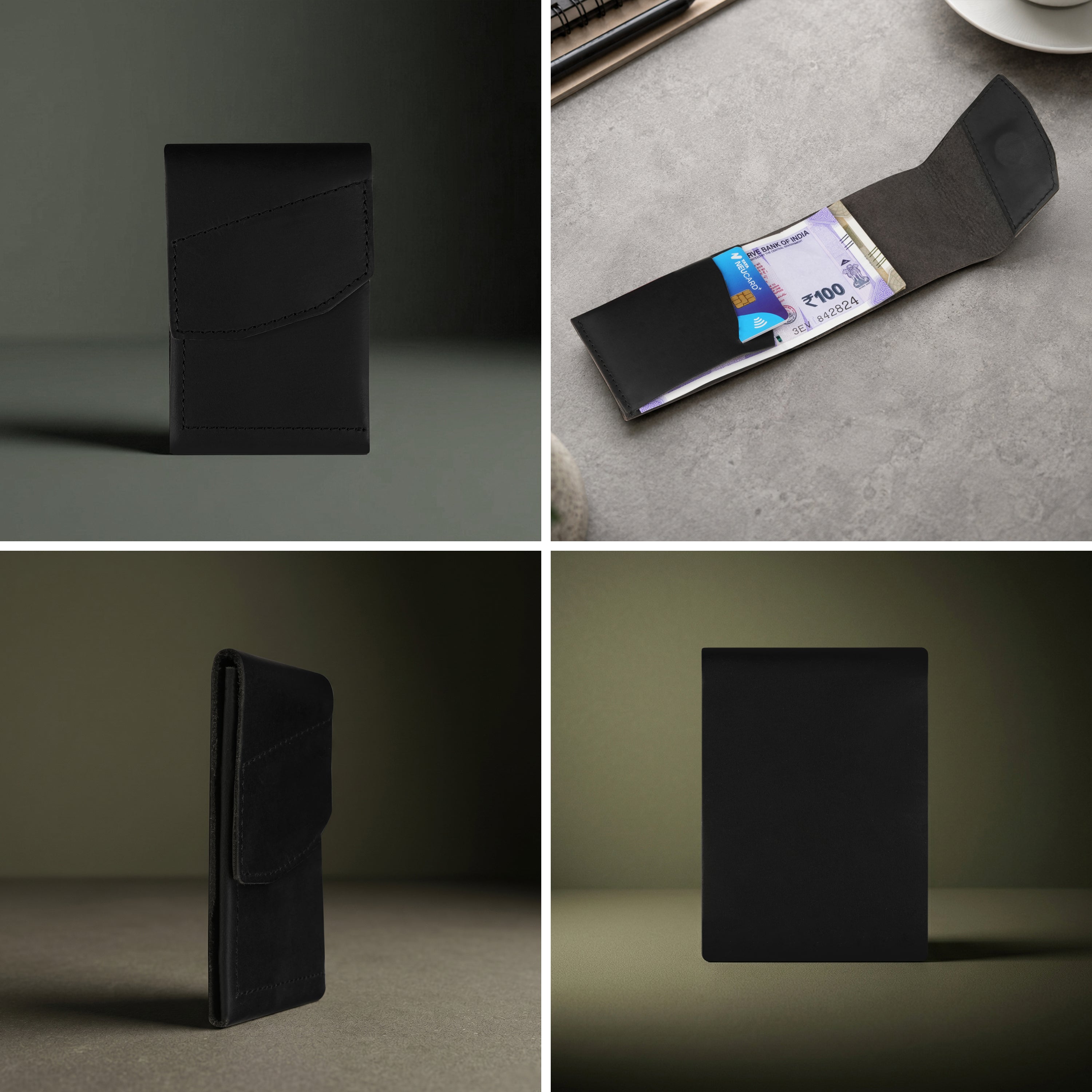 Flip Genuine Leather Wallet With Magnetic Closure - Black