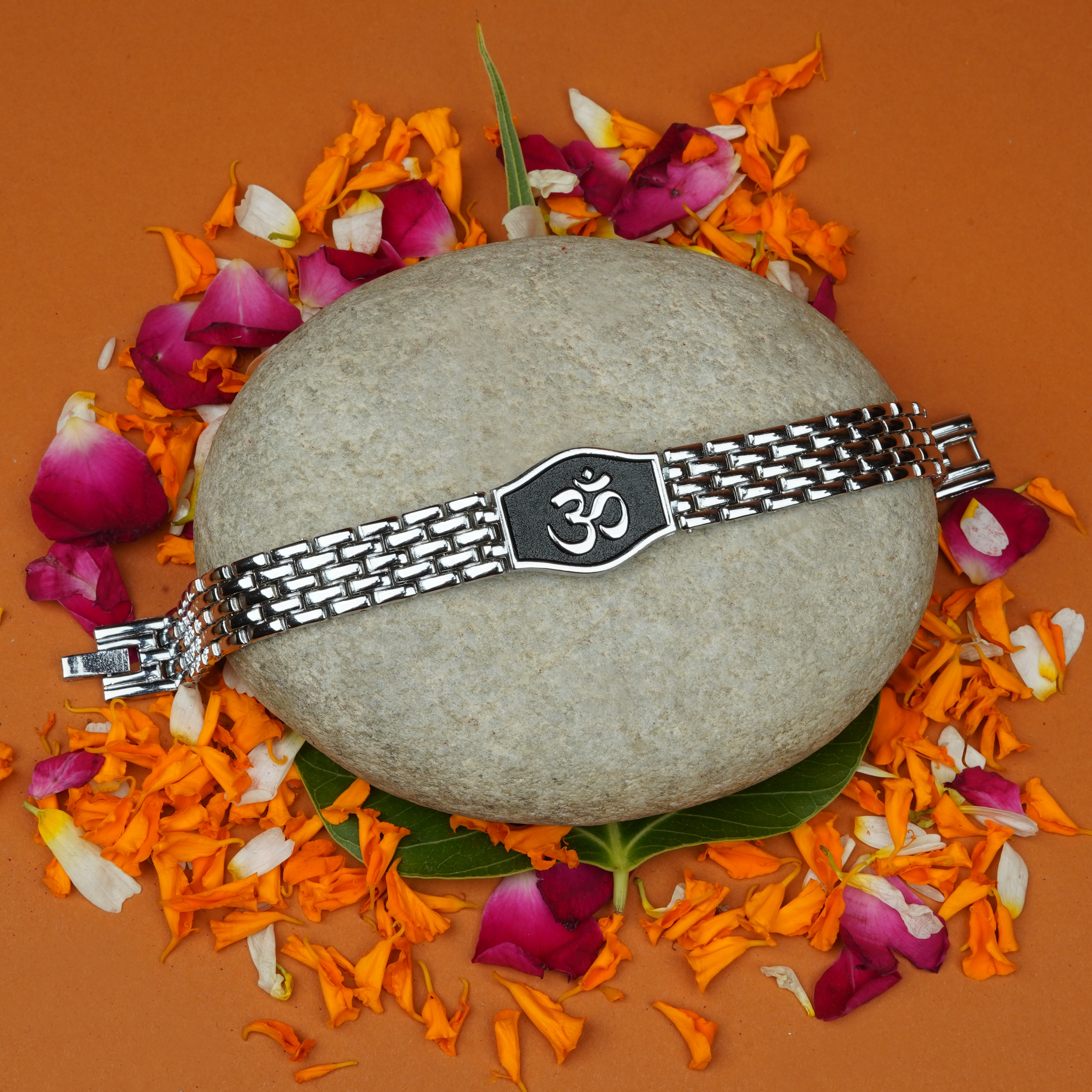 Brown Wallet With Silver Divya Om Bracelet Rakhi Roli Chawal Gift Set