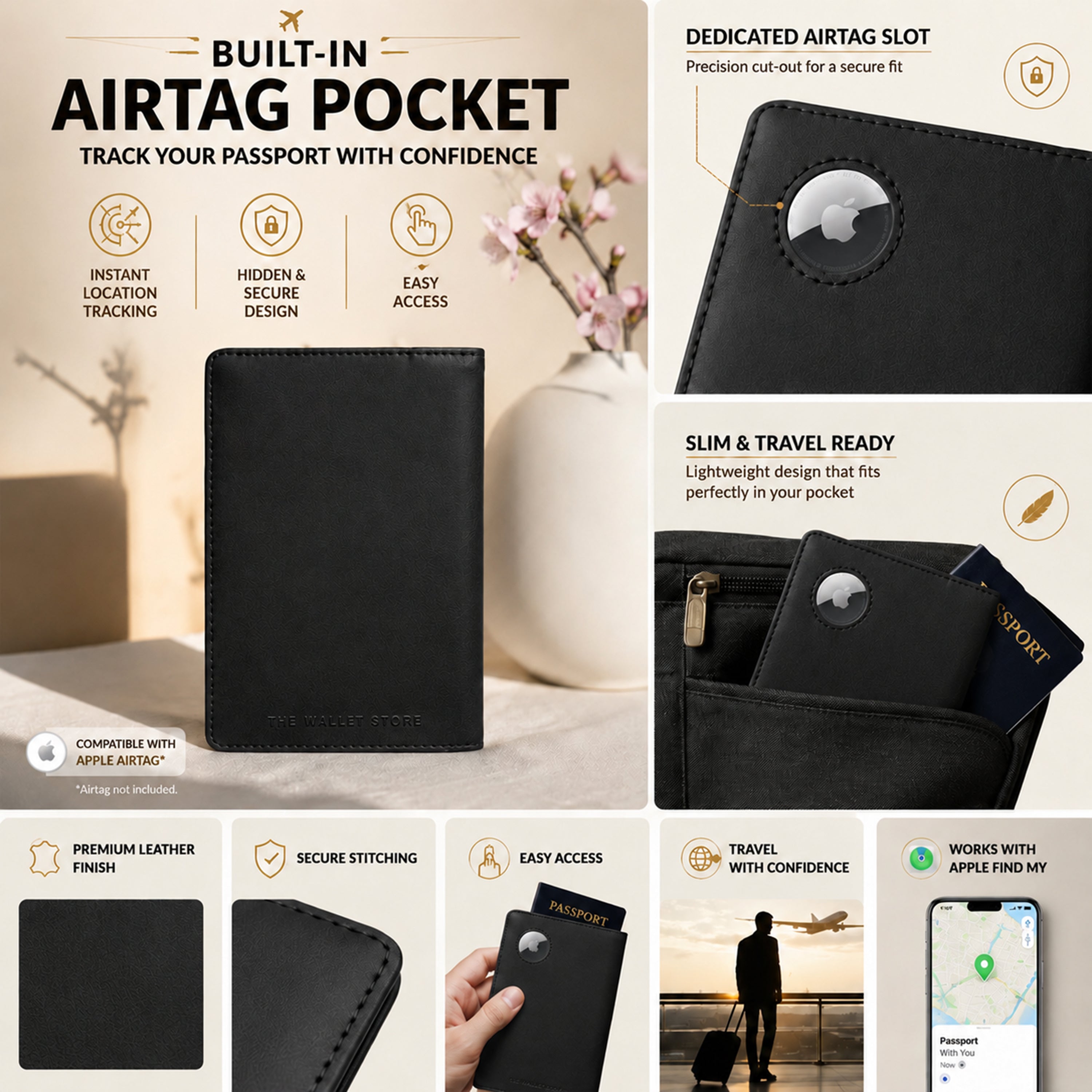 Horizon AirTag Passport Cover - Black
