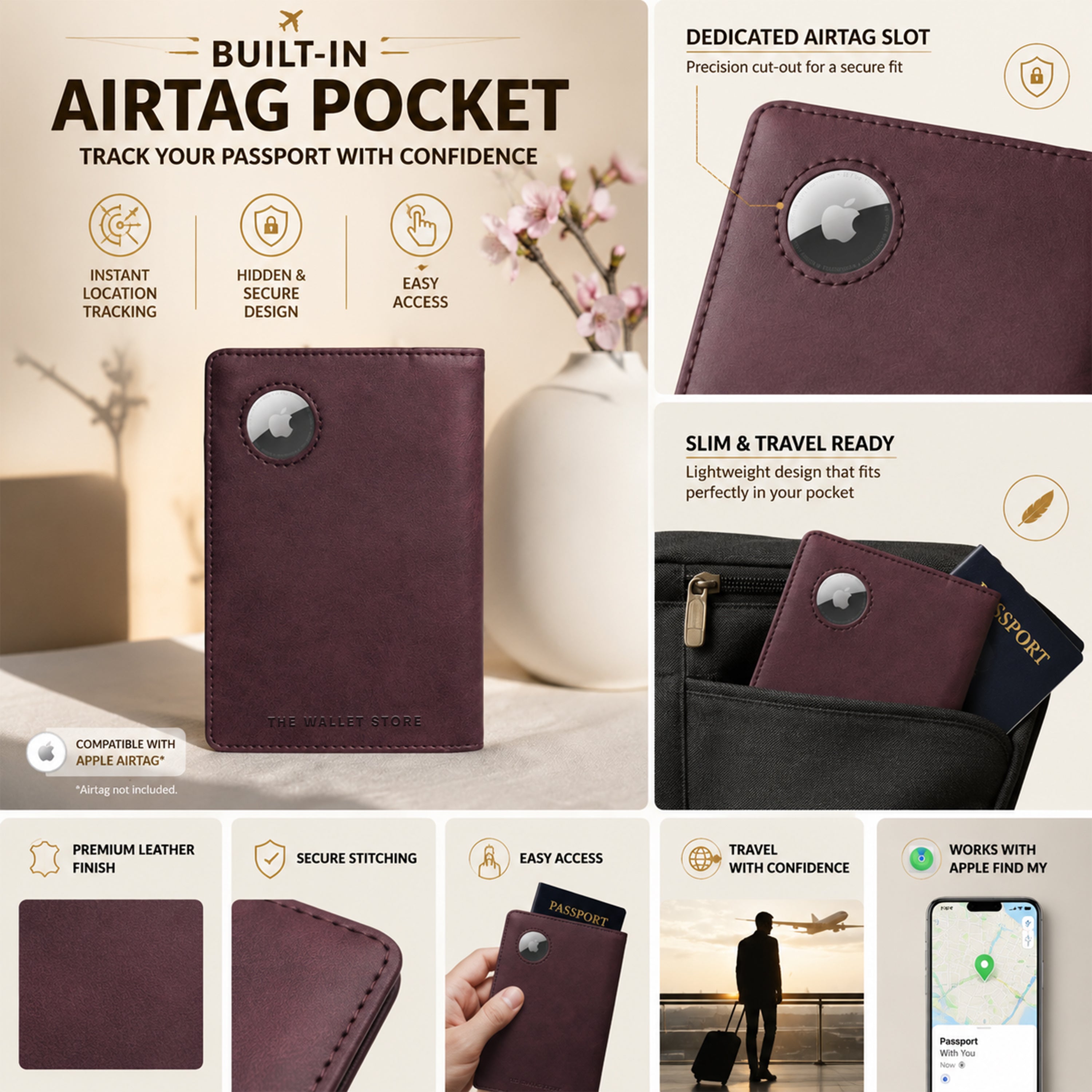 Horizon AirTag Passport Cover - Wine