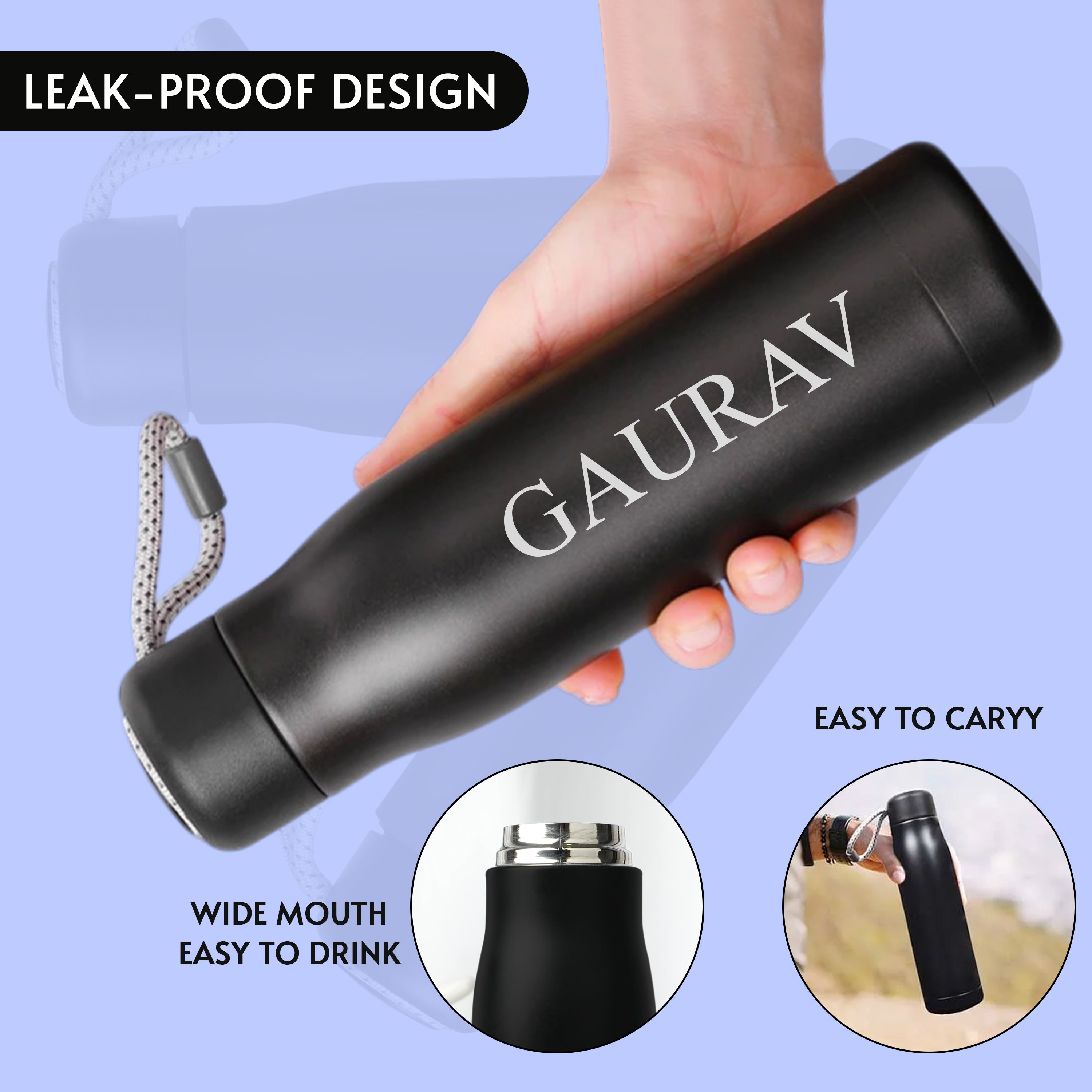 PureSip Personalized Stainless Steel Water Bottle - Black