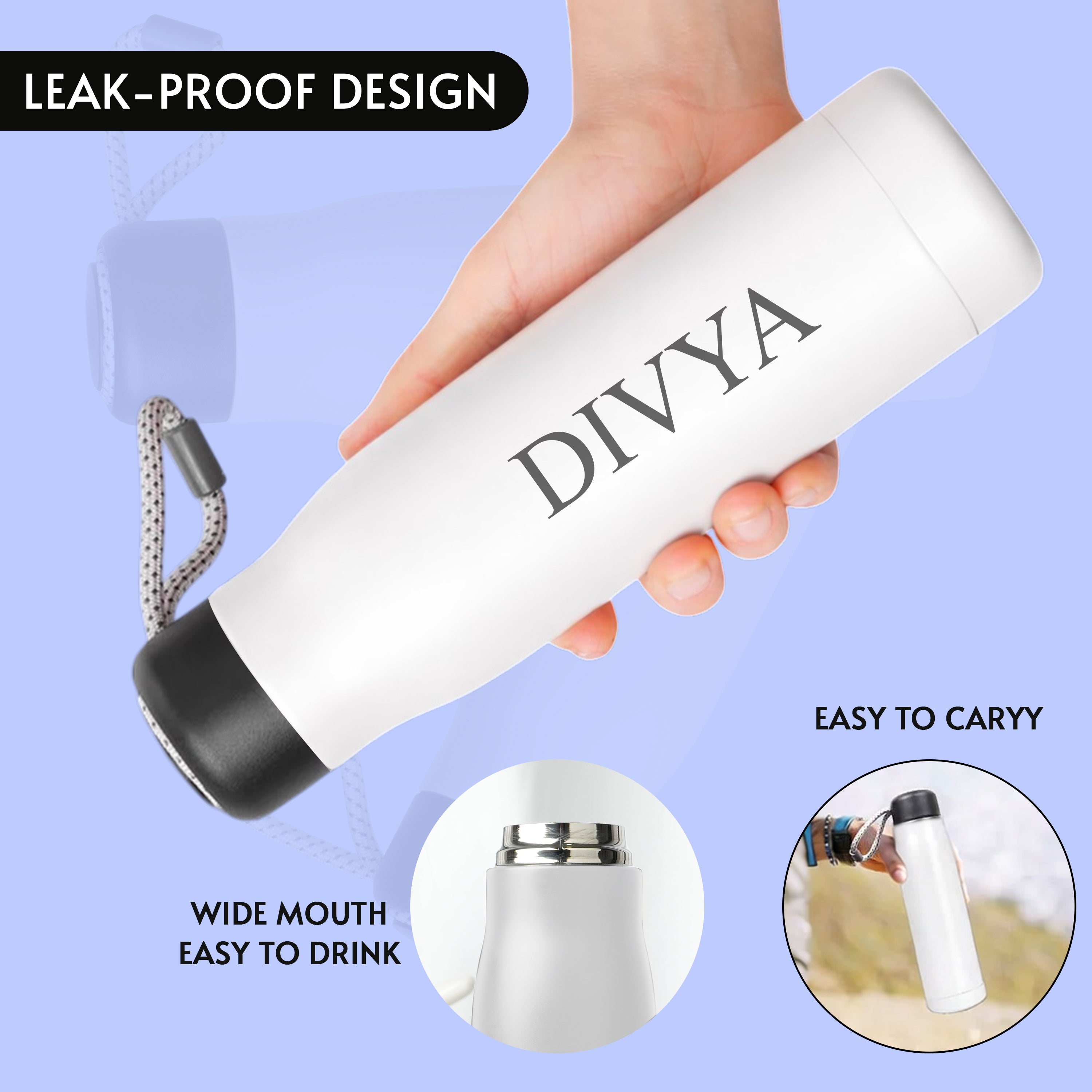 PureSip Personalized Stainless Steel Water Bottle - White