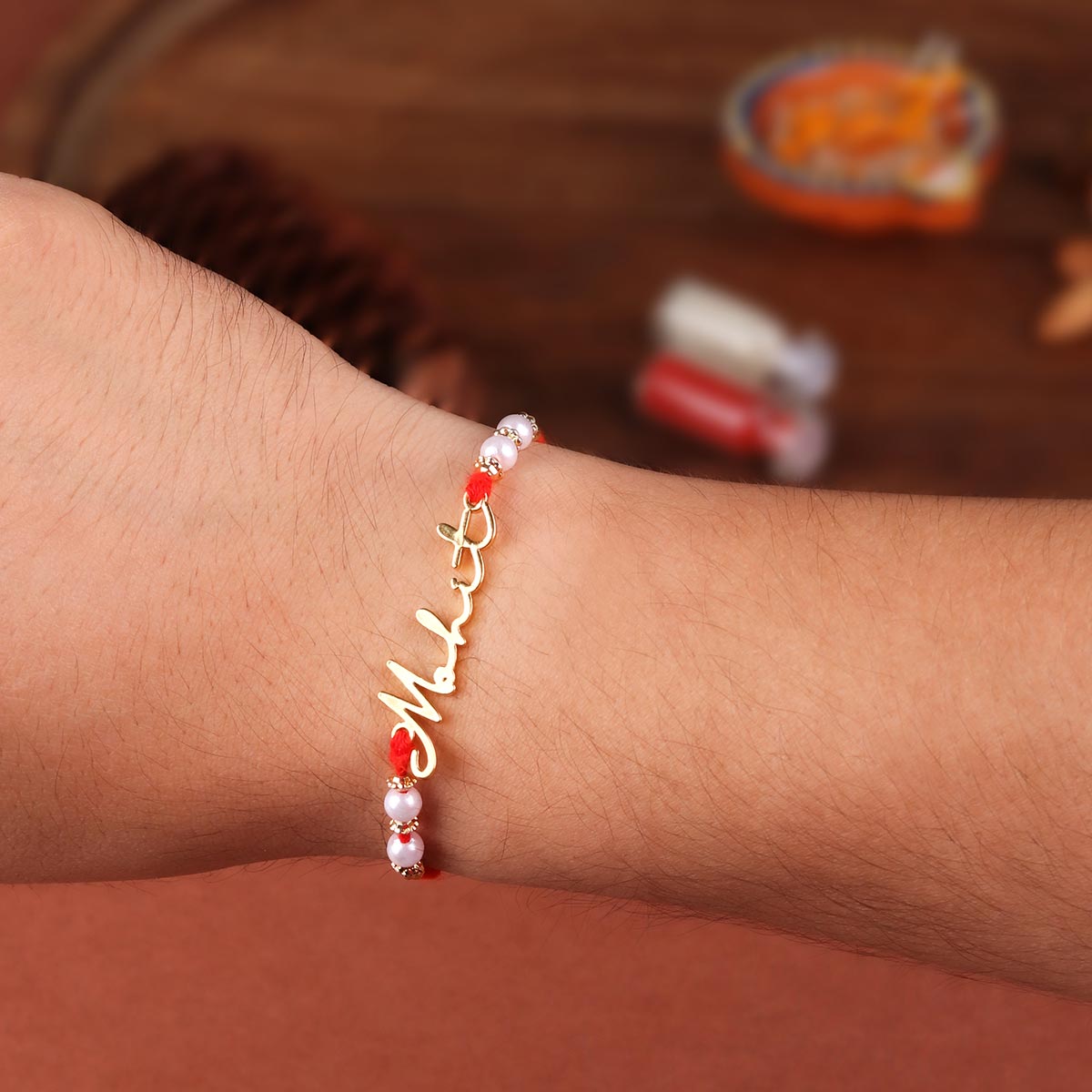 Personalized Signature Style Name Rakhi With Pearl Beads